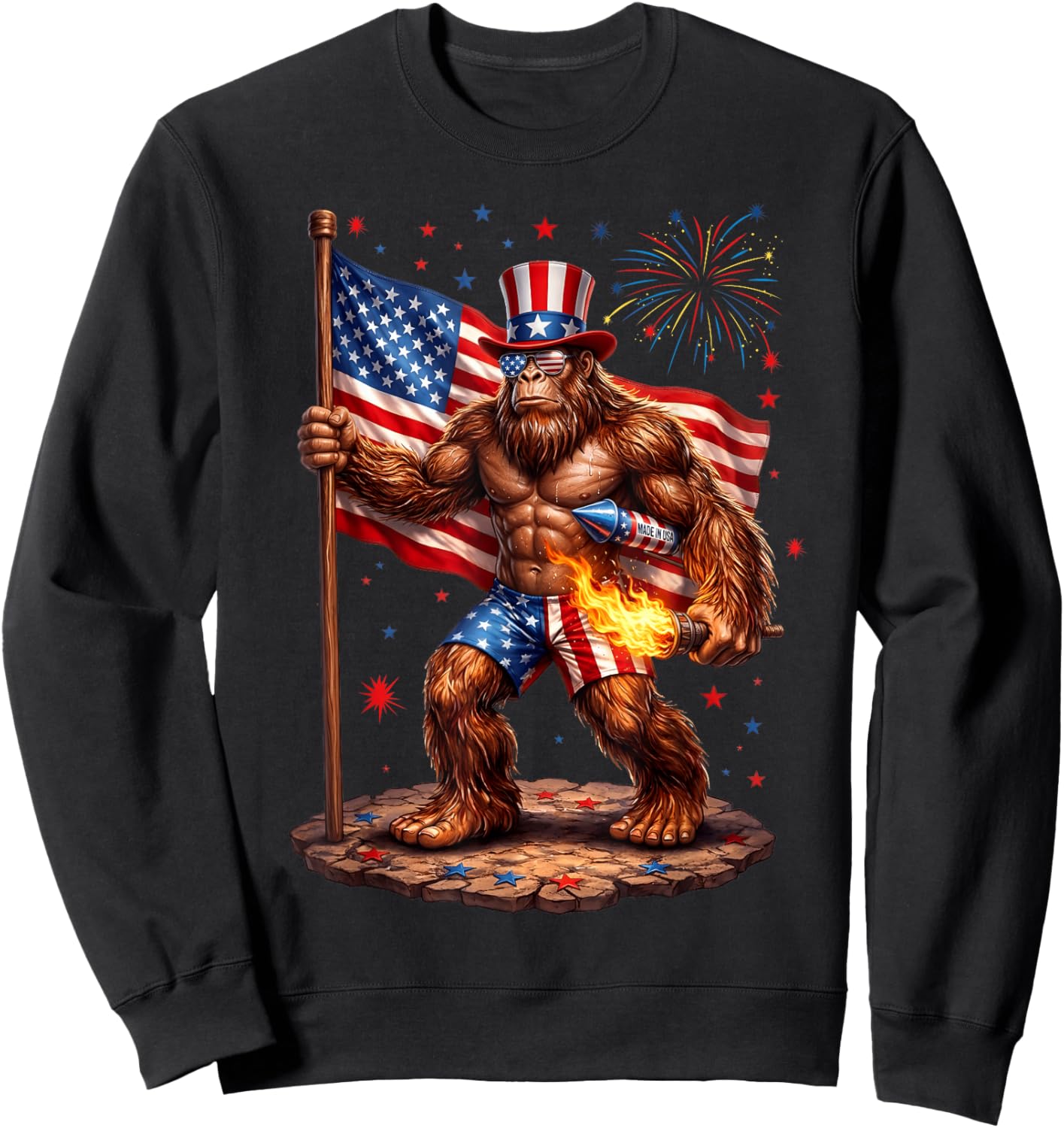 Bigfoot 4th of July US American Flag Sasquatch Men Women Kid Sweatshirt - Sweatshirt | Black