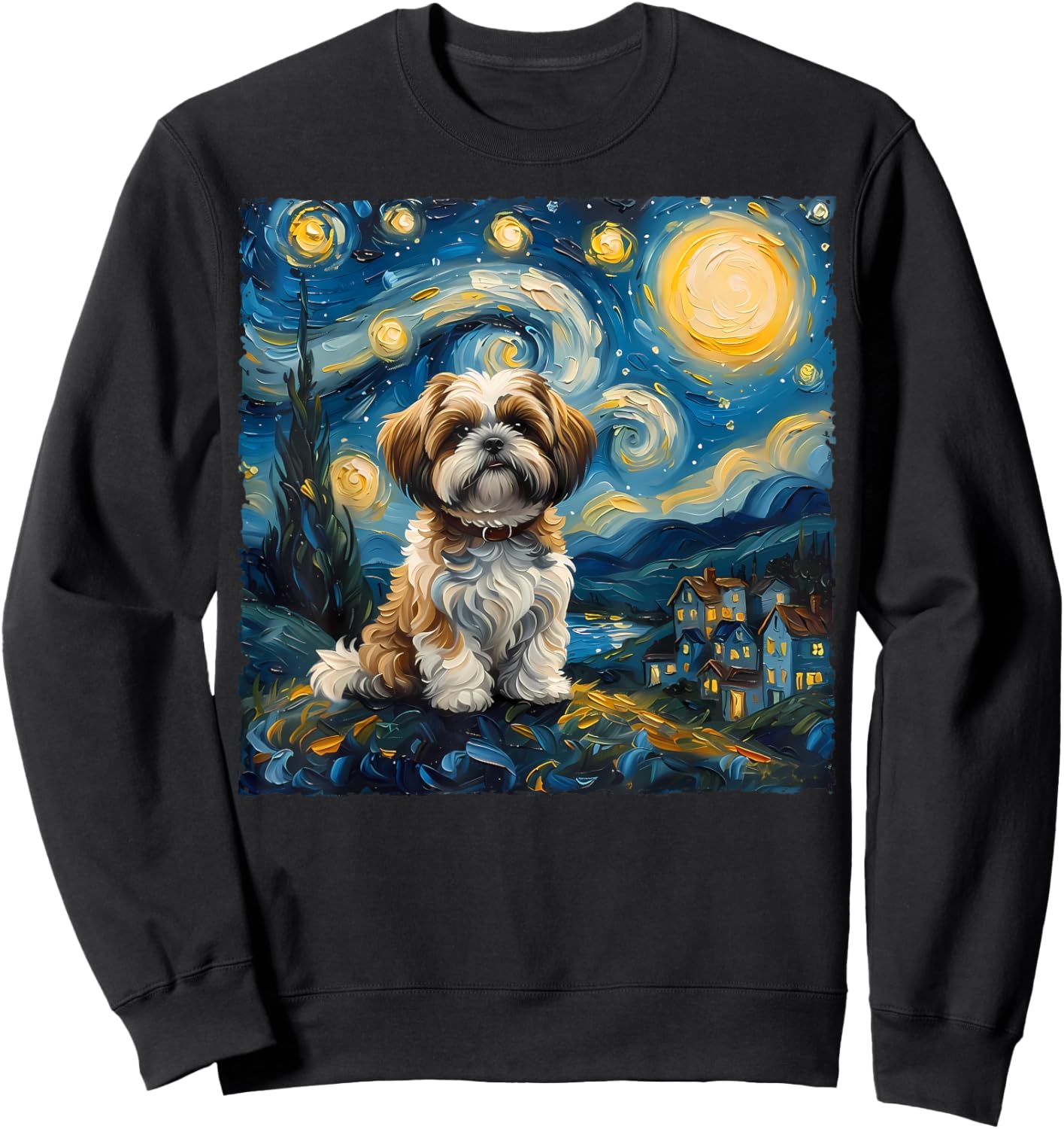 Shih Tzu Dog Lovers The Starry Night Van Gogh Style Painting Sweatshirt - Sweatshirt | Black
