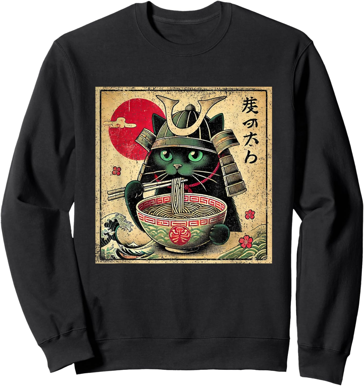 Cat Ramen Japanese Funny Samurai Kawaii Cat Anime Girls Boys Sweatshirt - Sweatshirt | Black