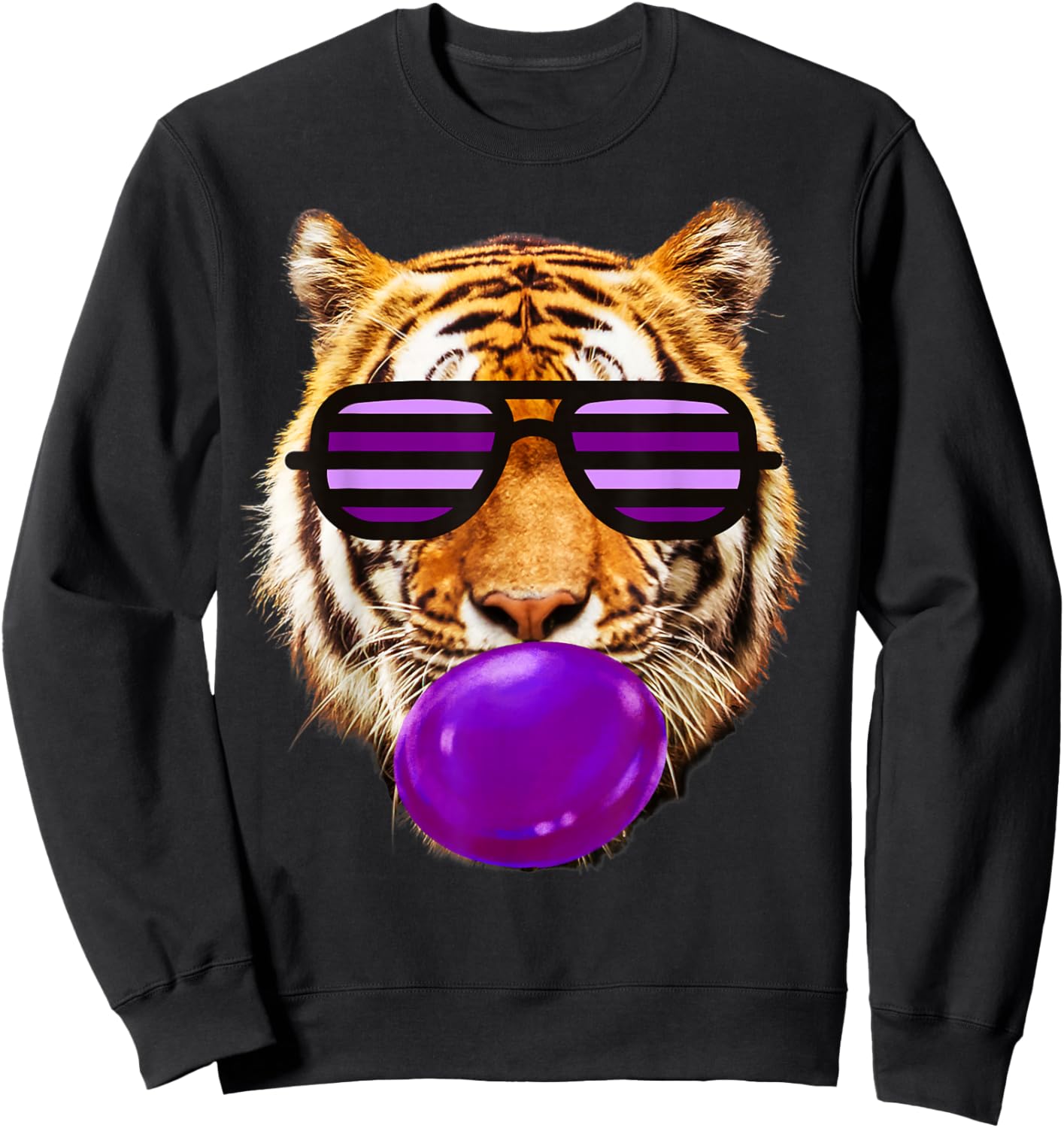 Purple bubble Gum tiger Stripe Cute Tiger with sunglasses Sweatshirt - Sweatshirt | Black