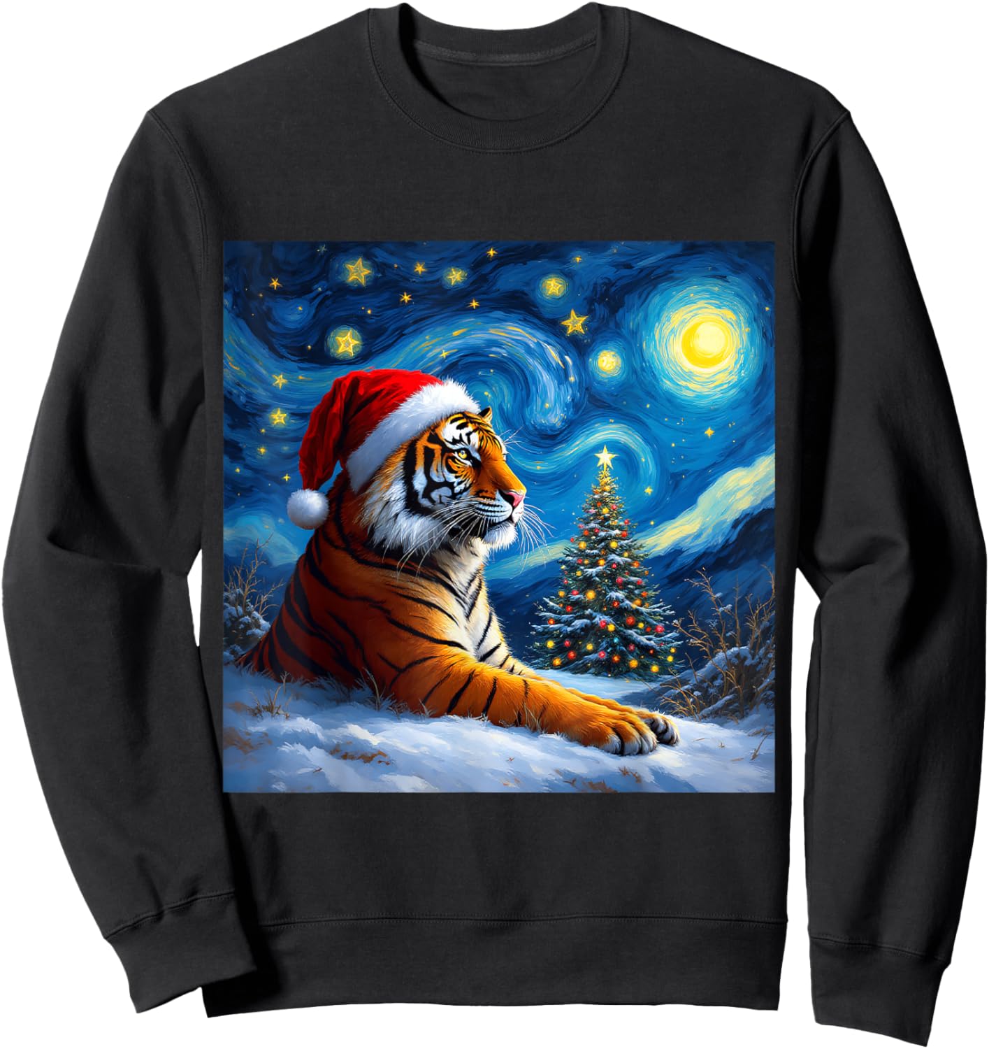 Christmas Tiger Santa Hat Van Gogh Starry Night Holiday Sweatshirt - Sweatshirt | Black