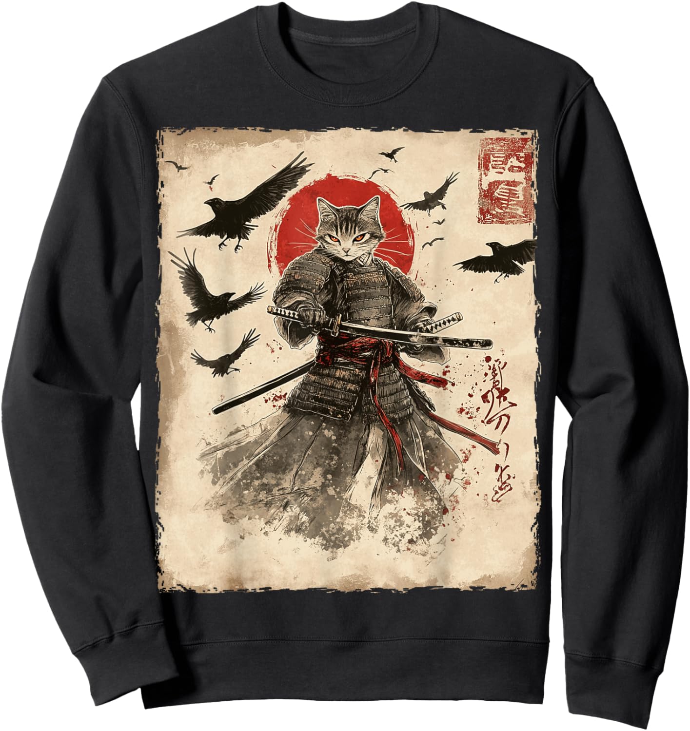 Cat Samurai Graphic Japanese Warrior Anime Sweatshirt - Sweatshirt | Black