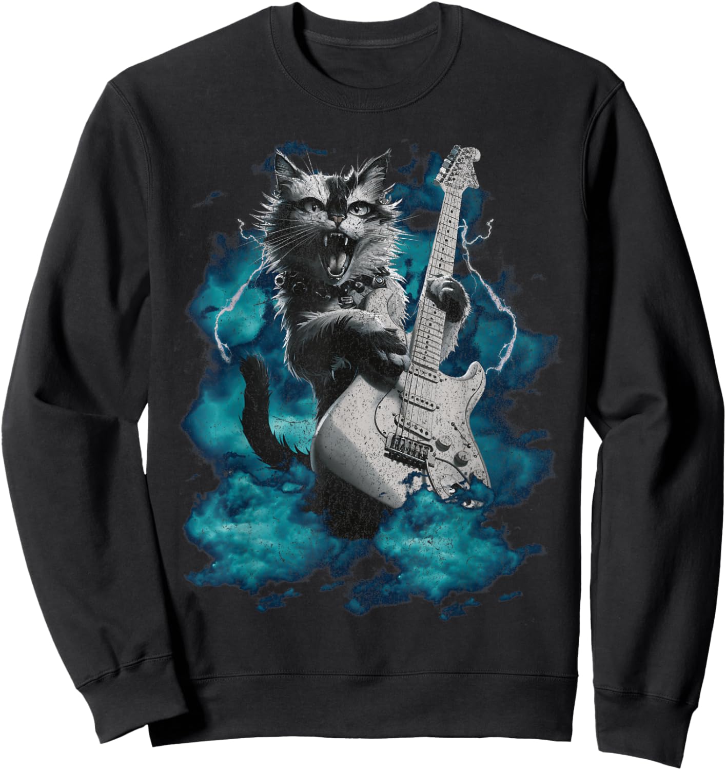 Cool Guitar Cat Kittie Rock Band Music Thunder Rockstar Men Women Sweatshirt - Sweatshirt | Black