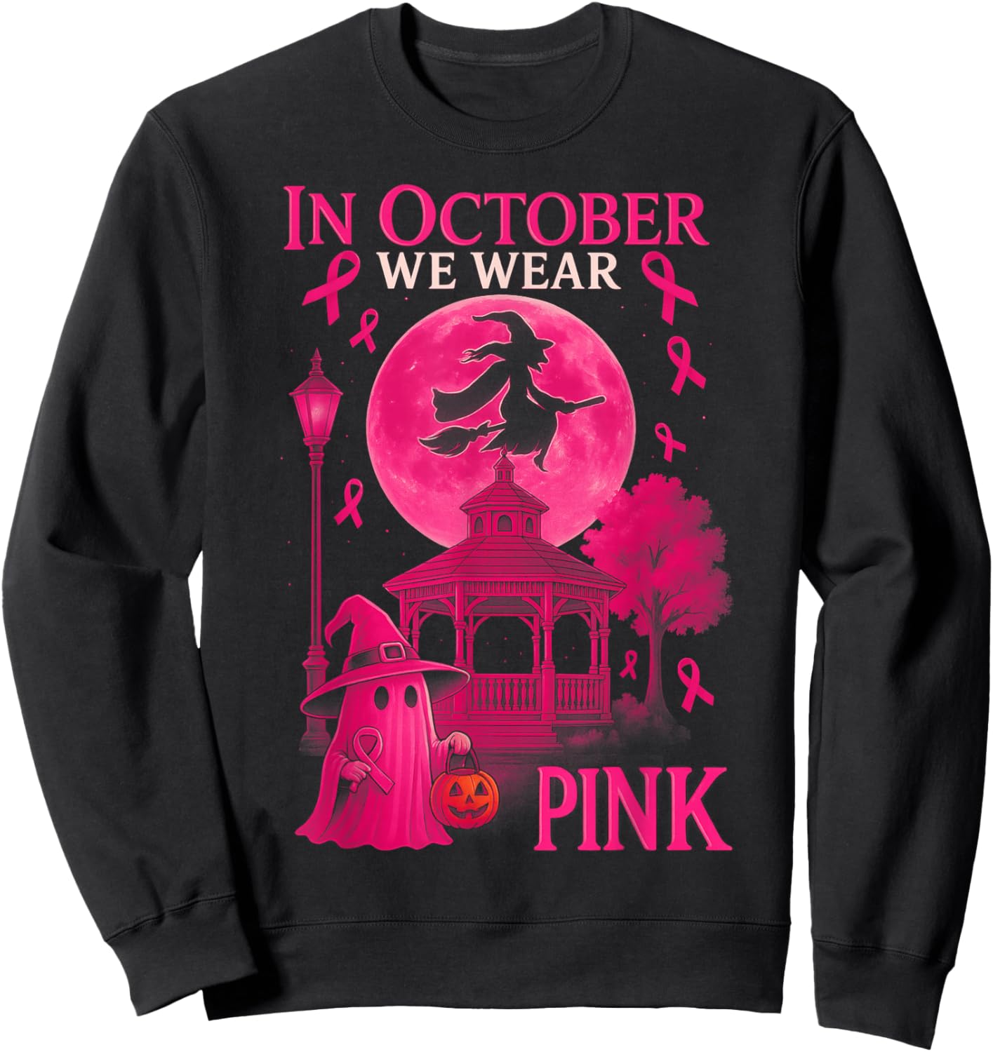 HUGvyn in October We Wear Pink Witch Halloween Breast Cancer Sweatshirt - Sweatshirt | Black