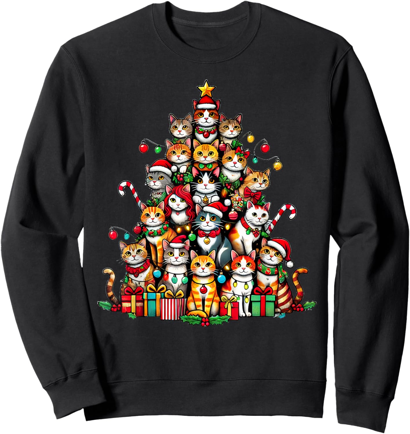 Cat Kitten Christmas Tree Funny Cat Xmas Sweatshirt - Sweatshirt | Black