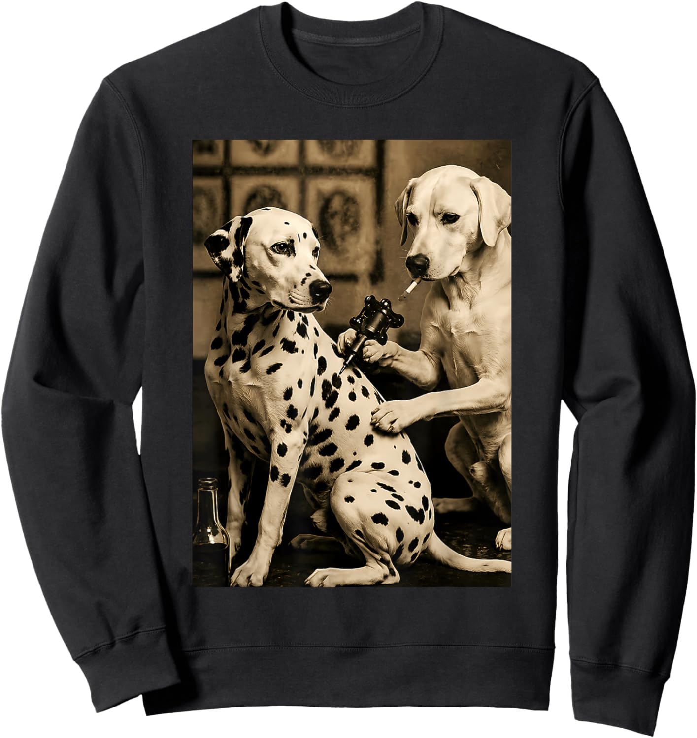 Funny Dalmatian Tattoo Artist Dog Smoking Vintage Art Sweatshirt - Sweatshirt | Black