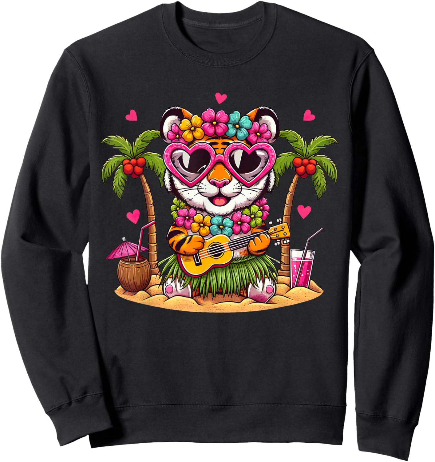 Funny Tiger Hawaiian Costume Kids Summer Vacation Tiger Sweatshirt - Sweatshirt | Black