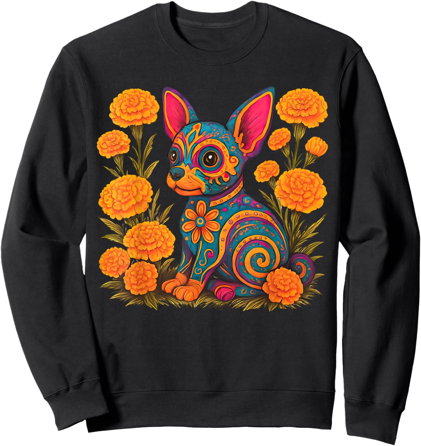 Alebrije Dog Flower Mexican Folk Art Owner Mom Dad Pet Lover Sweatshirt - Sweatshirt | Black