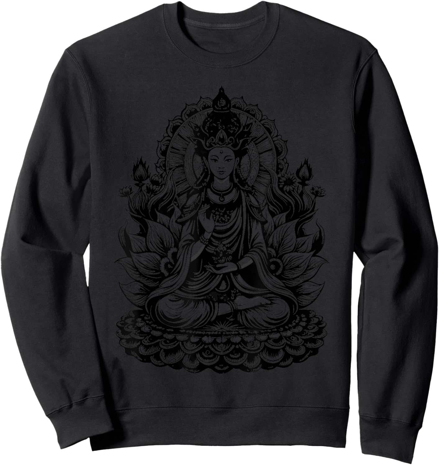Vintage Spiritual Design Quan Yin Chinese Goddess of Compassion Kwan Yin Lotus , Small, Grey Sweatshirt - Sweatshirt | Black