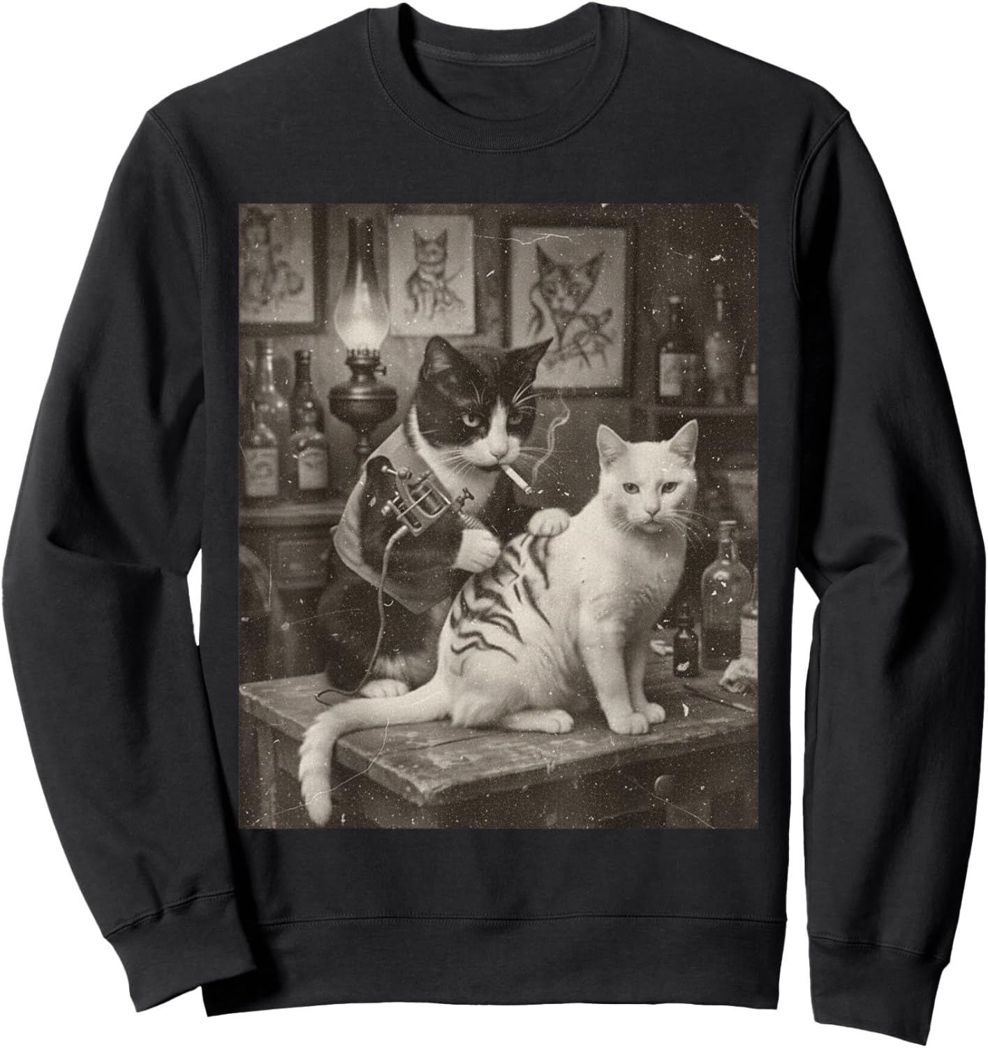 Tattoo Vintage Cat Smoking Ink Kitty Funny Artist Meme Sweatshirt - Sweatshirt | Black