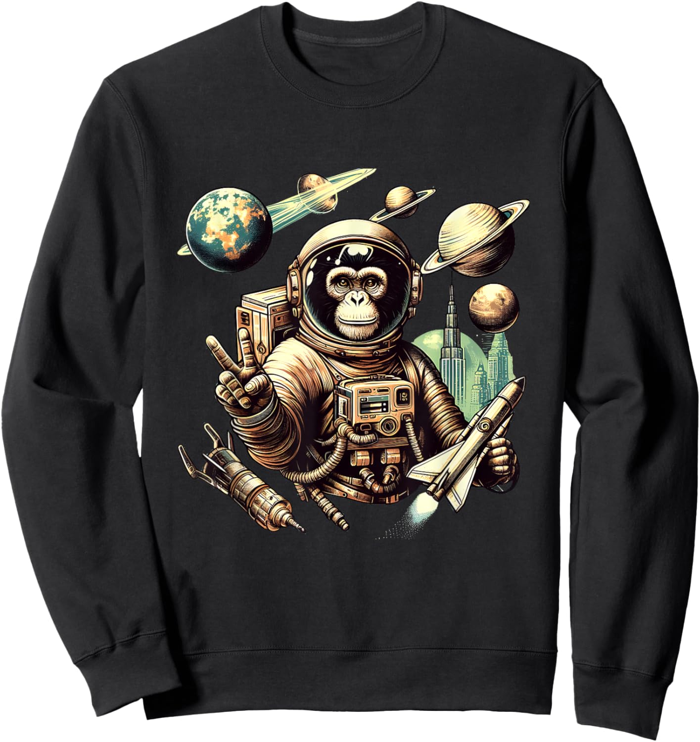Space Vintage Travel Astronaut Monkey Holding Spaceship Sweatshirt - Sweatshirt | Black