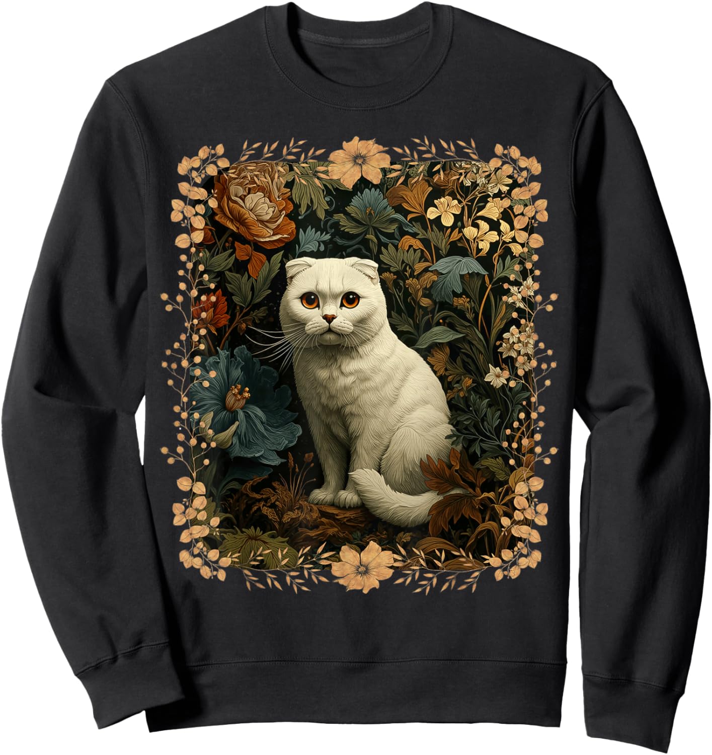 Scottish Fold White Cat in a Vintage Cottage Garden Sweatshirt - Sweatshirt | Black