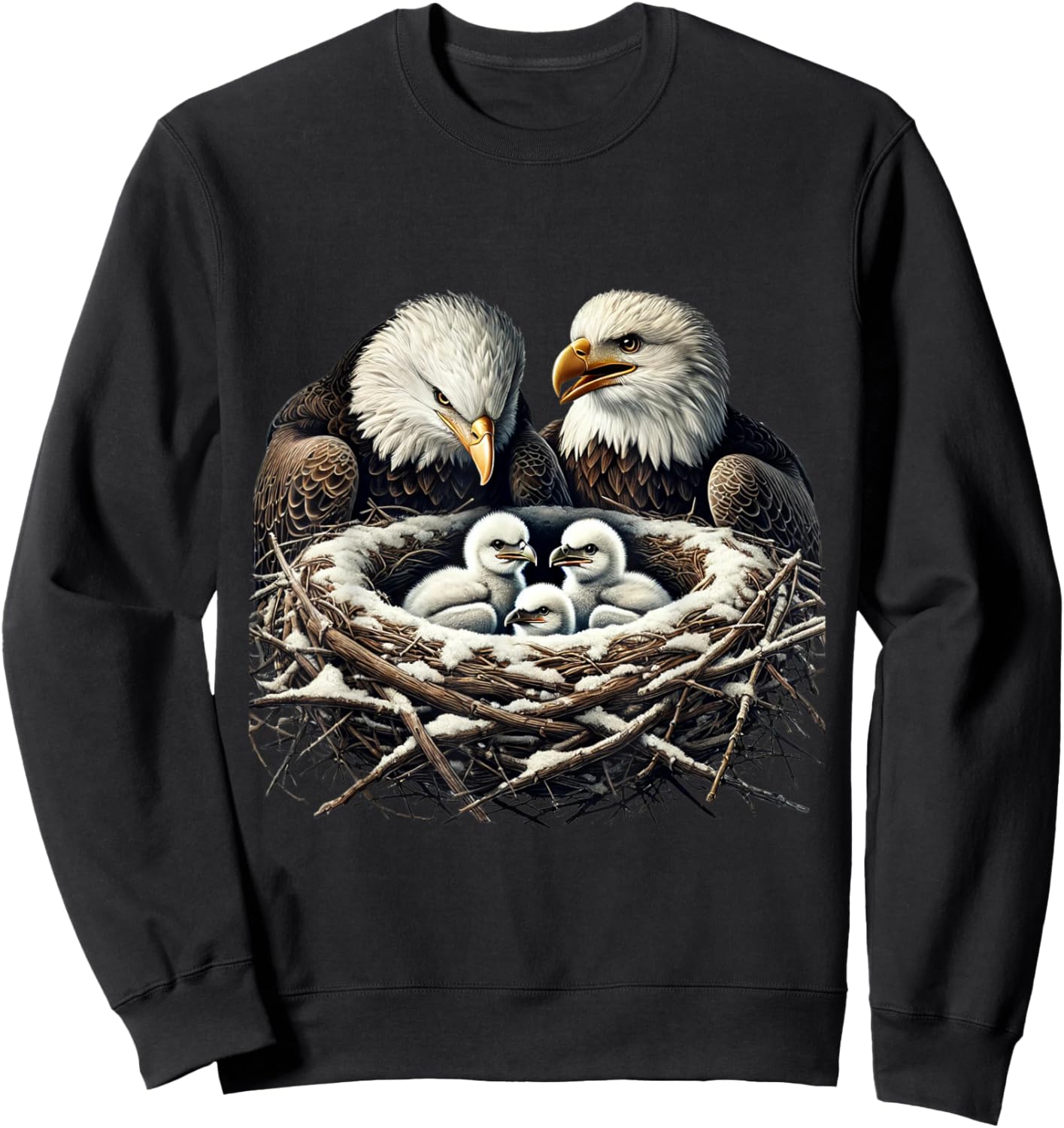 Bald Eagle Mom Dad Three Eaglet Chicks Babies in Nest Sweatshirt - Sweatshirt | Black
