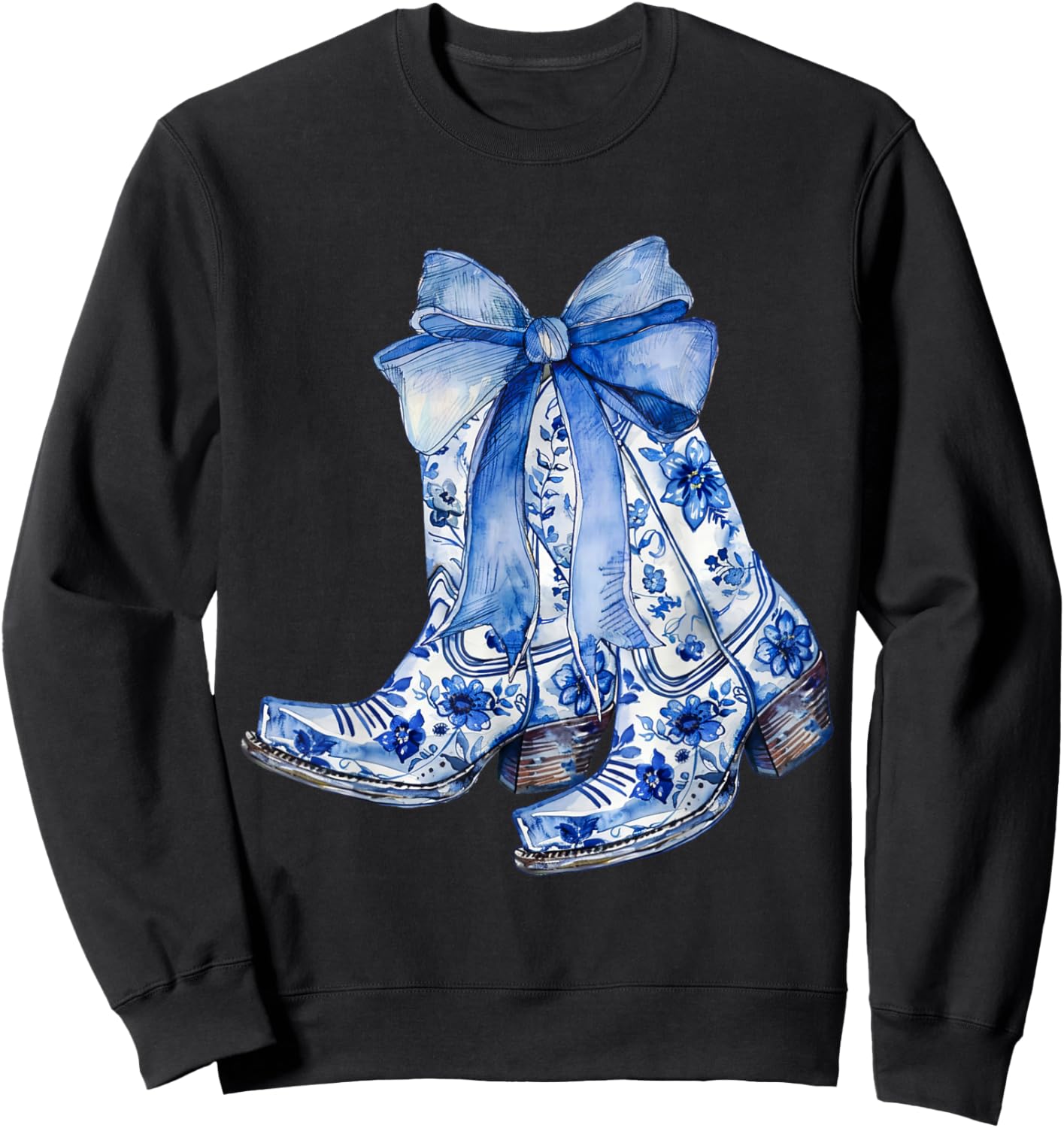 Coquette Blue Floral Boots Bow Cowboy Cowgirl Sweatshirt - Sweatshirt | Black