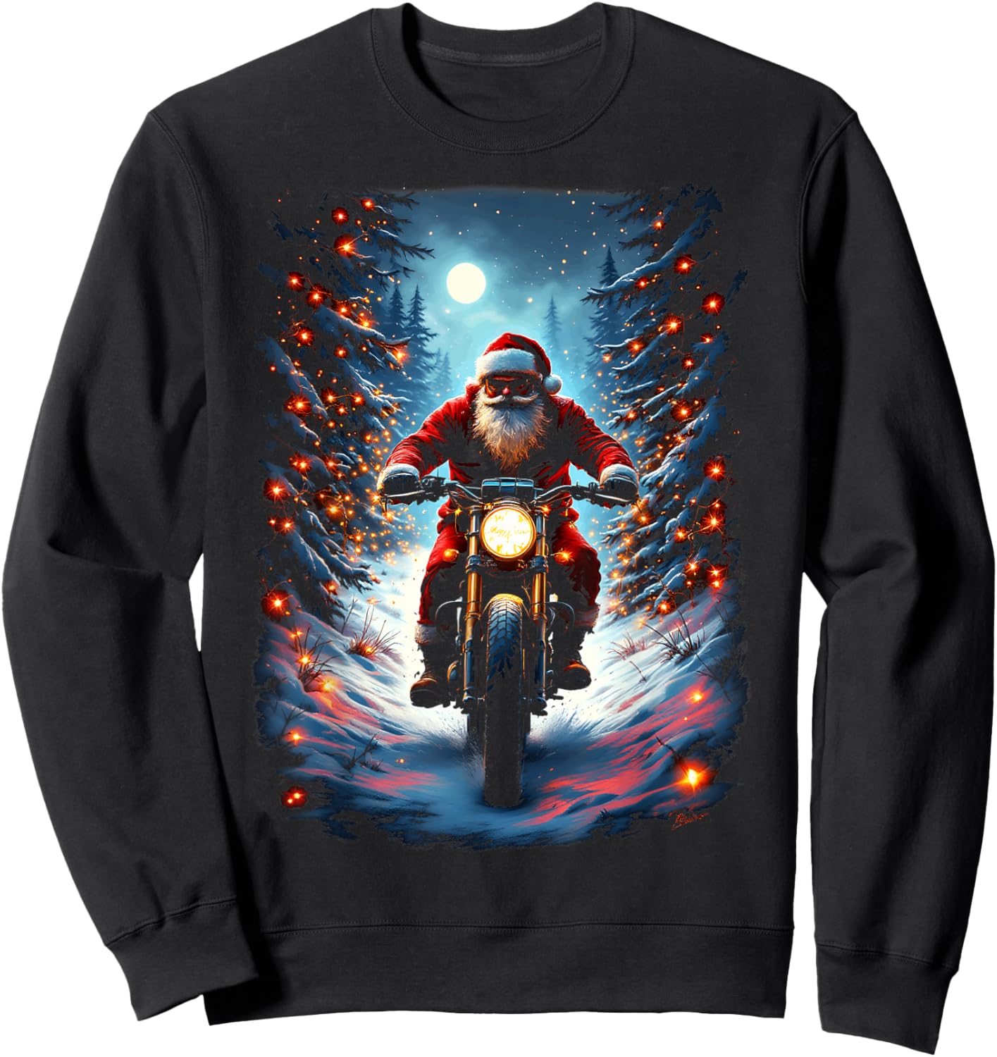 Santa Claus Biker Riding Motorcycle Christmas Moon Sweatshirt - Sweatshirt | Black