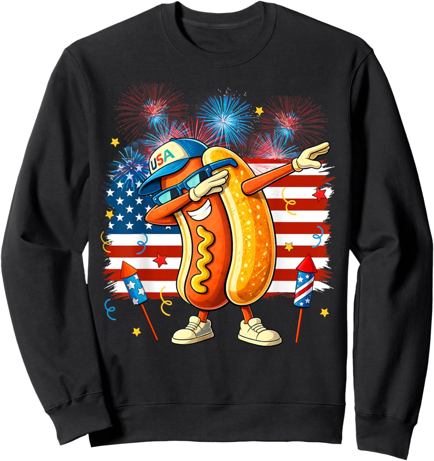 Funny Hotdog Dabbing Firework Patriotic USA Flag 4th of July Sweatshirt - Sweatshirt | Black