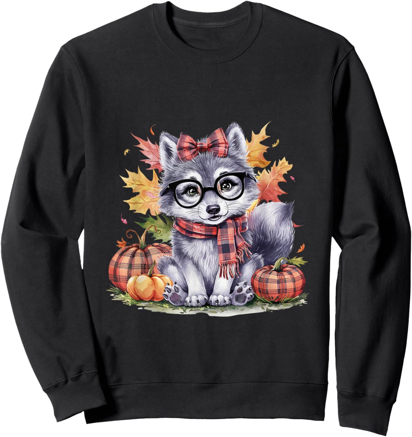 Fall Pumpkin Cute Wolf Fall Autumn Thanksgiving Sweatshirt - Sweatshirt | Black