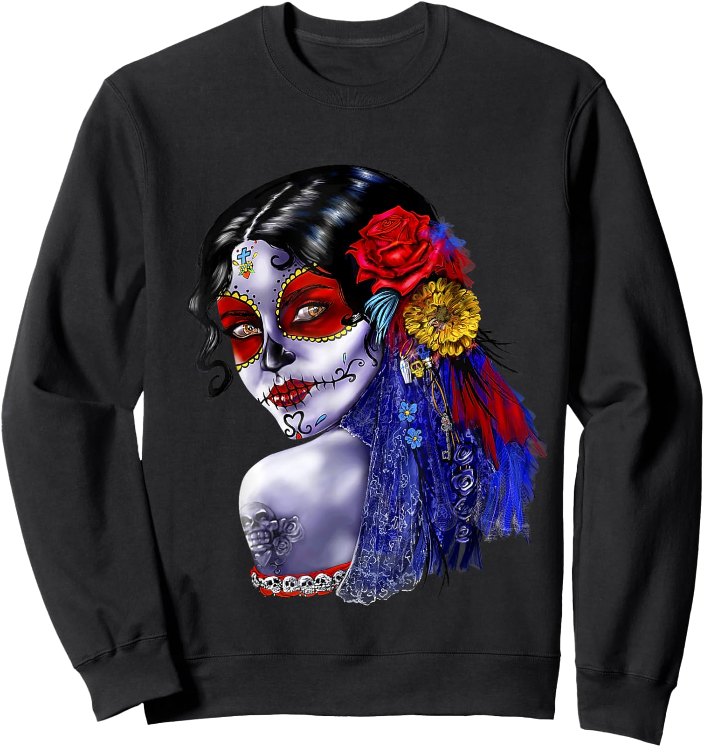 Day Of The Dead Beauty With Flowers Sweatshirt - Sweatshirt | Black