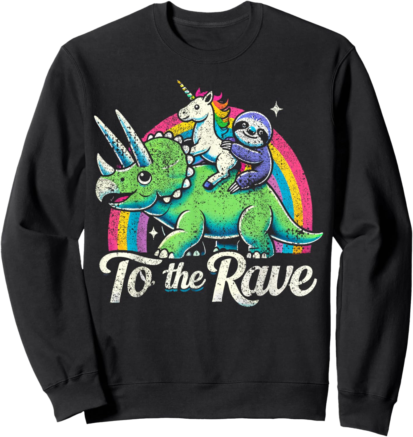 Techno Party Unicorn Sloth Dinosaur Rave Music Sweatshirt - Sweatshirt | Black
