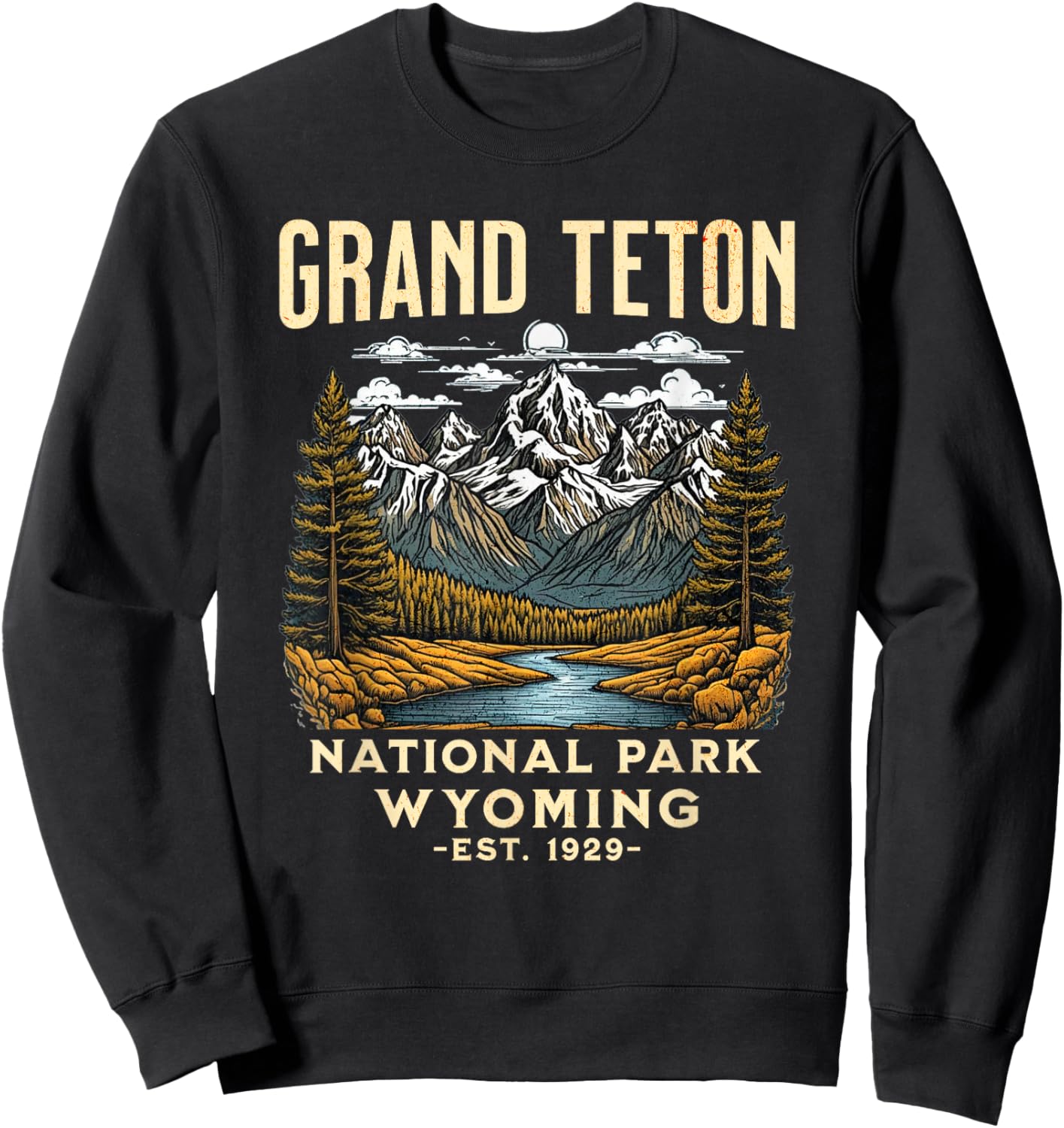 Grand Teton Wyoming | Vintage National Park USA Sweatshirt - Sweatshirt | Black