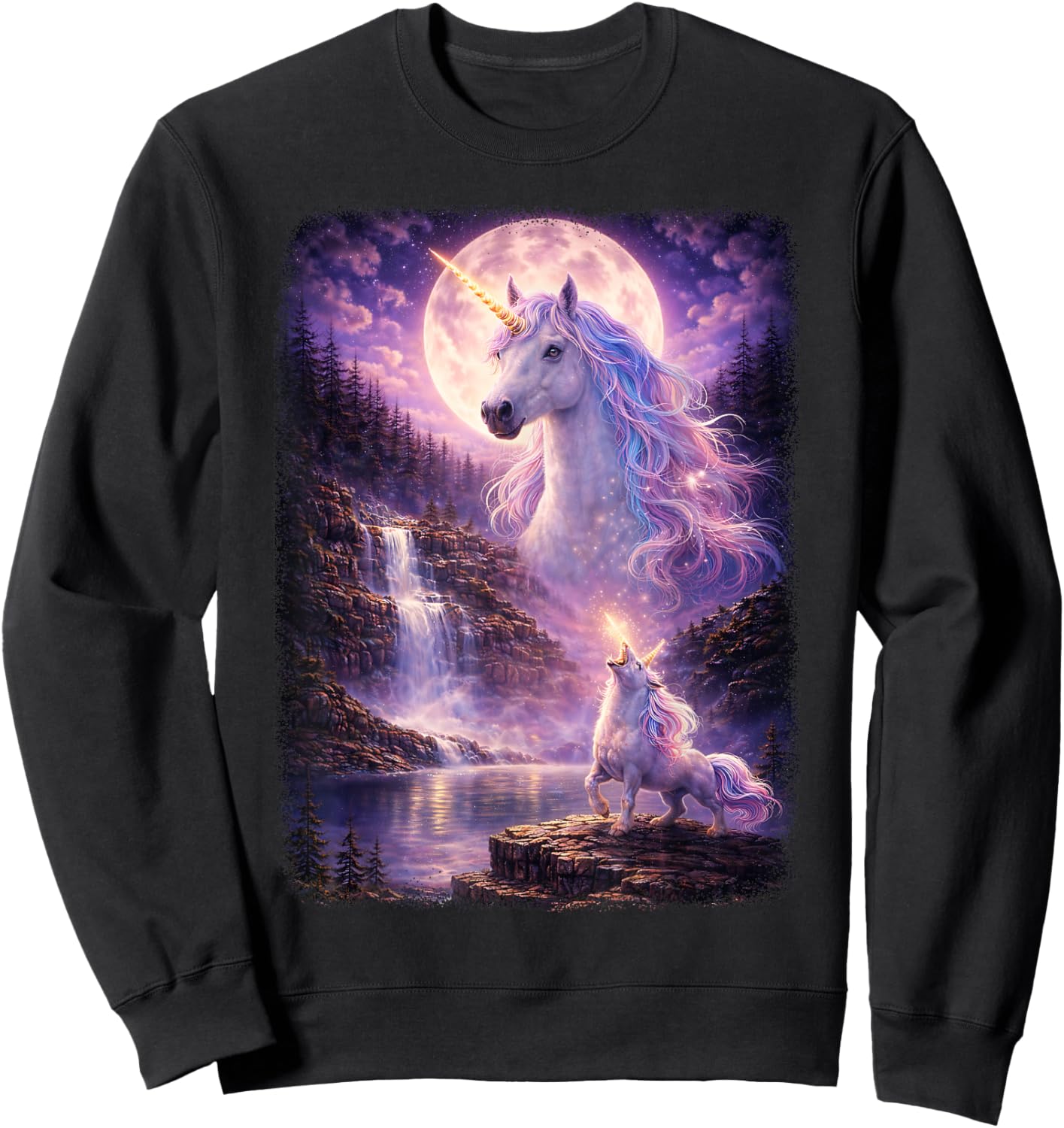 Einhorn heulend auf Mond Vintage Funny Mystic Sweatshirt - Sweatshirt | Black