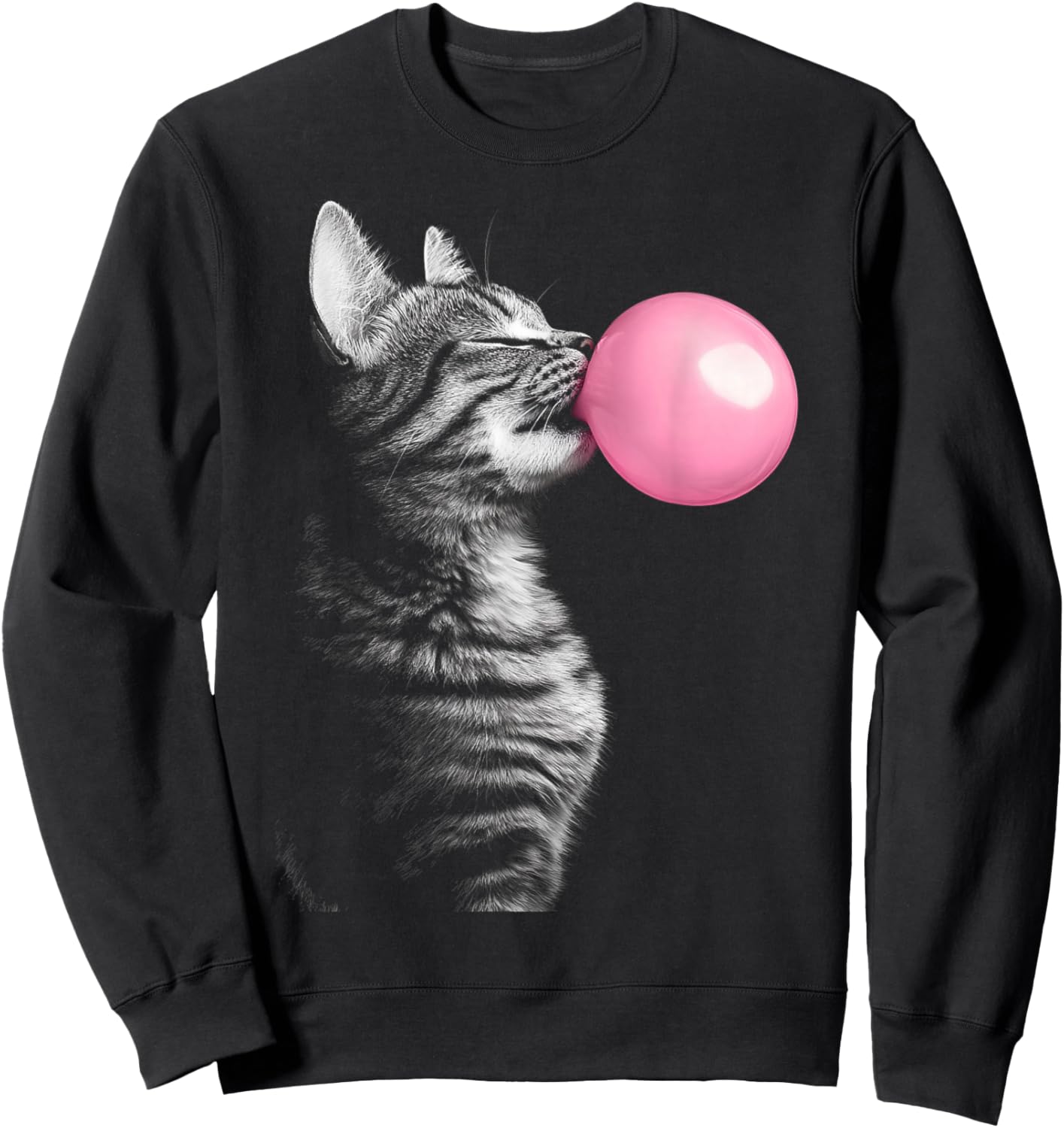 Black Graphic Cat Blowing Chewing Bubble Gum Pink Men Women Kids Sweatshirt - Sweatshirt | Black