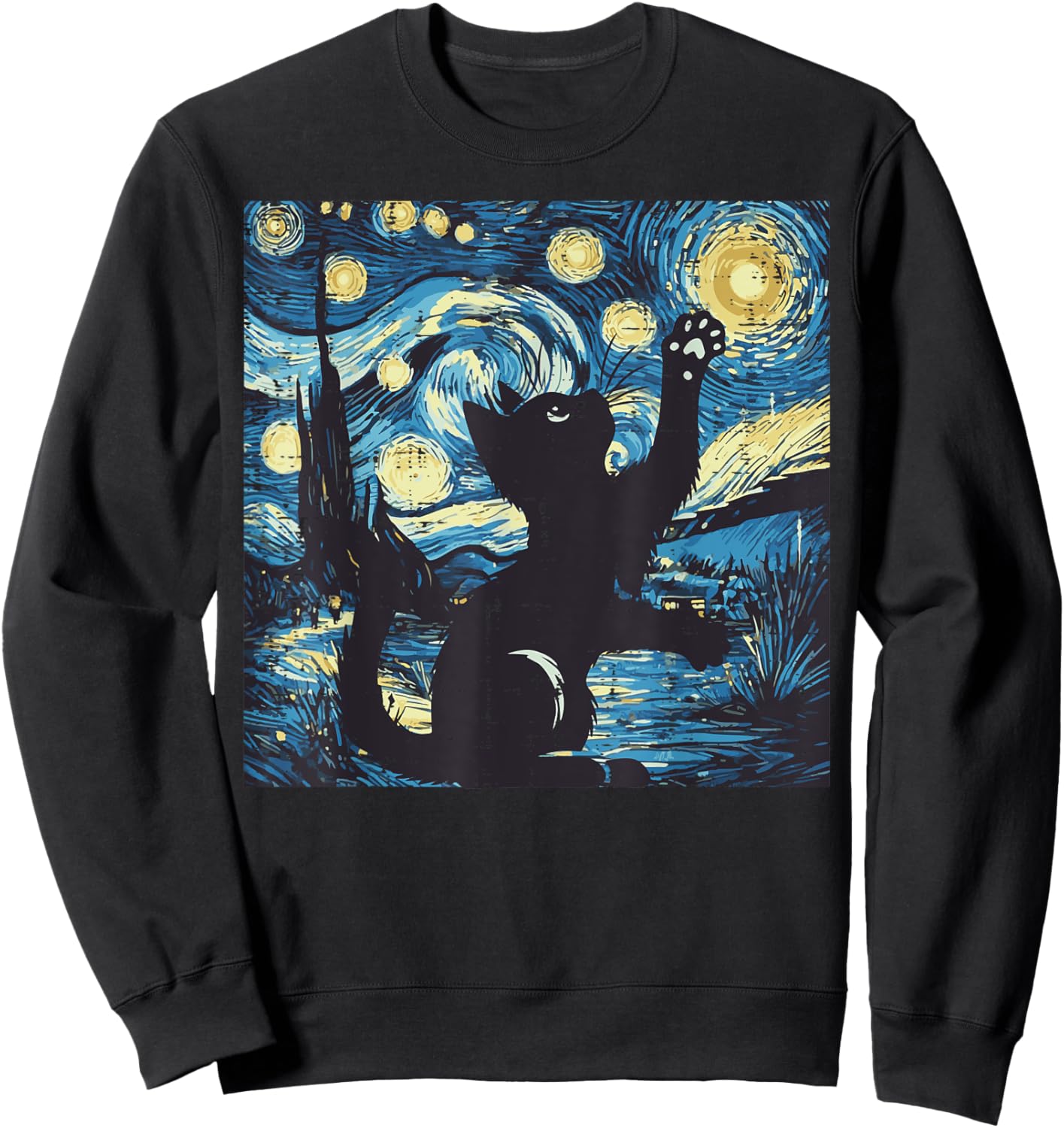 Cat Starry Night Painting Funny Van Gogh Art Men Women Kids Sweatshirt - Sweatshirt | Black