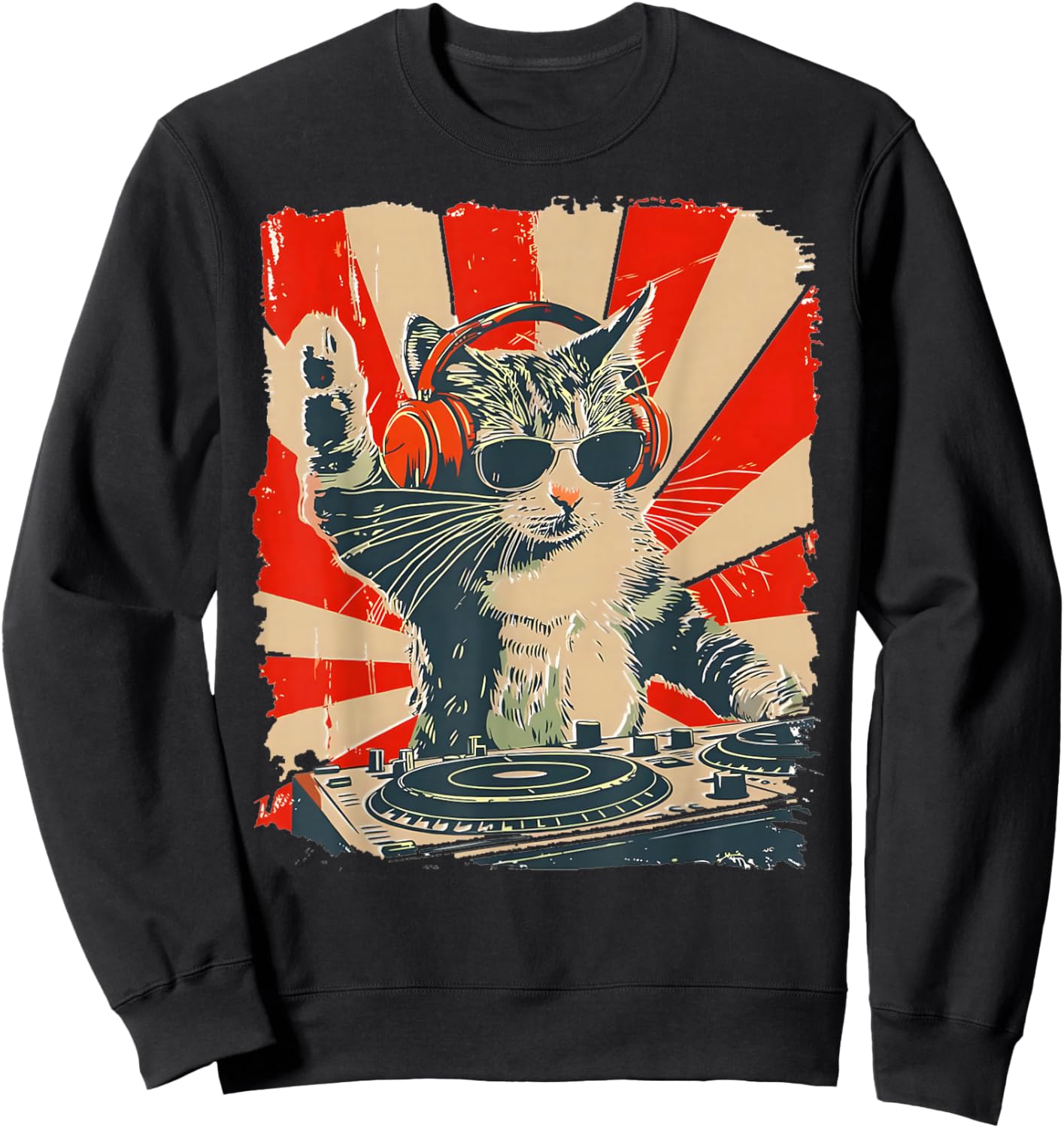Funny DJ Cat with Headphones Retro Music Lover Art Sweatshirt - Sweatshirt | Black