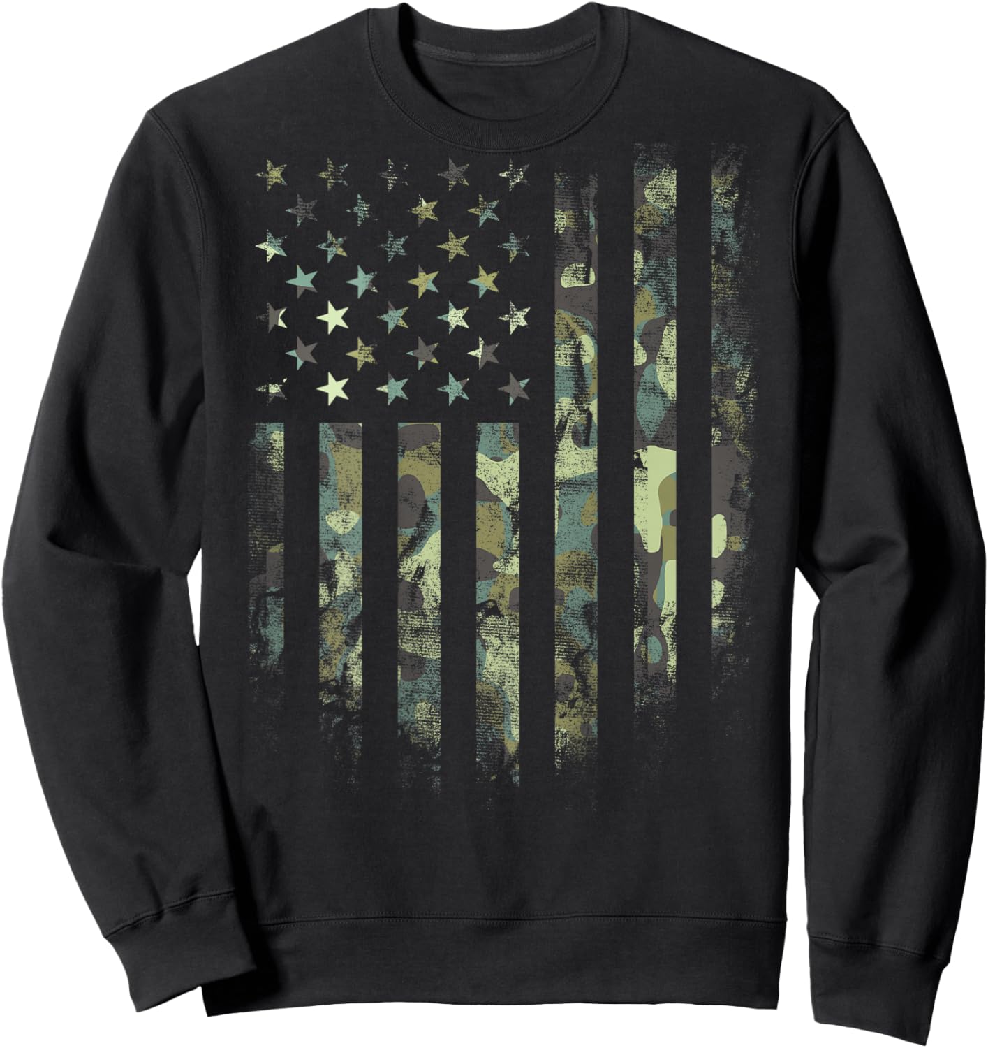 (Art on Back) American Flag Green Camo Camouflage Sweatshirt - Sweatshirt | Black