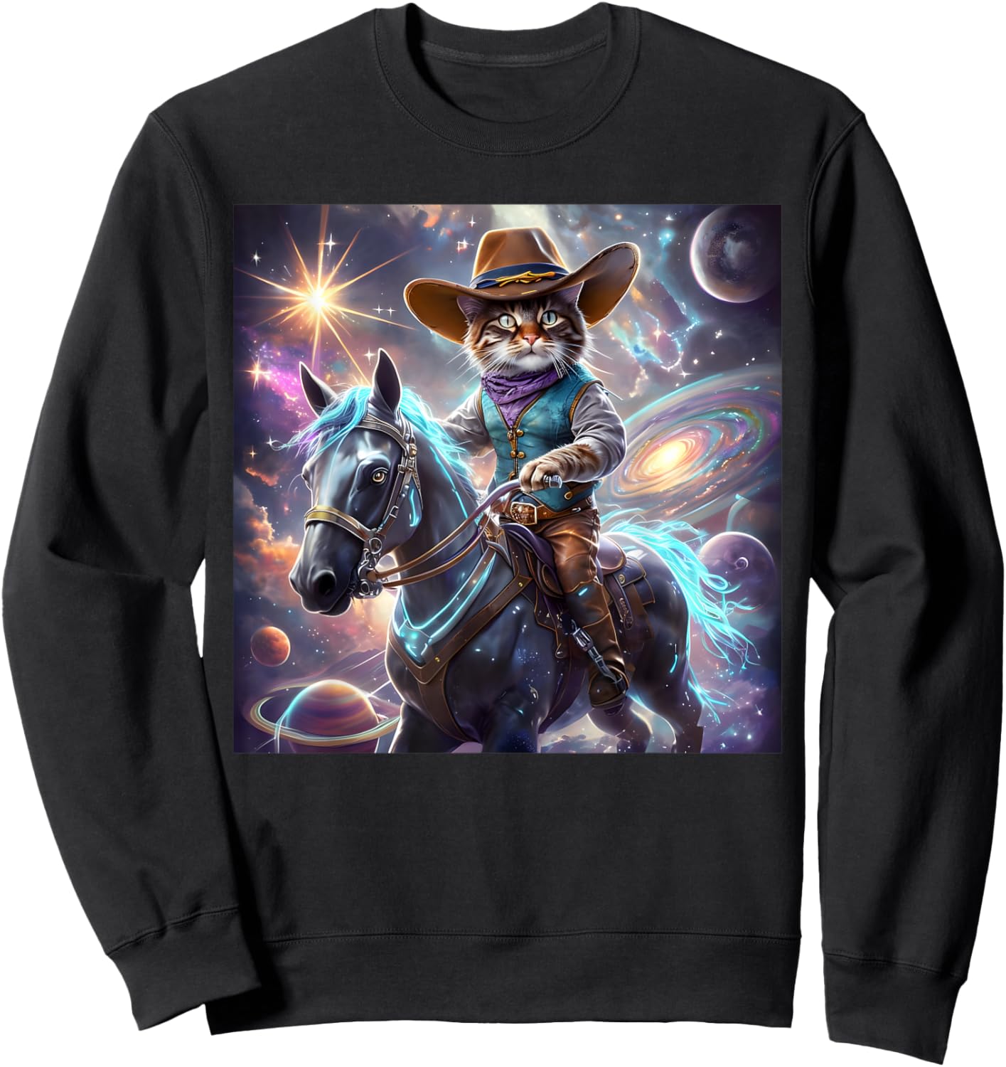 Cat Cowboy Rainbow Galaxy Kitten Riding Horse Cowboy Hat Sweatshirt - Sweatshirt | Black