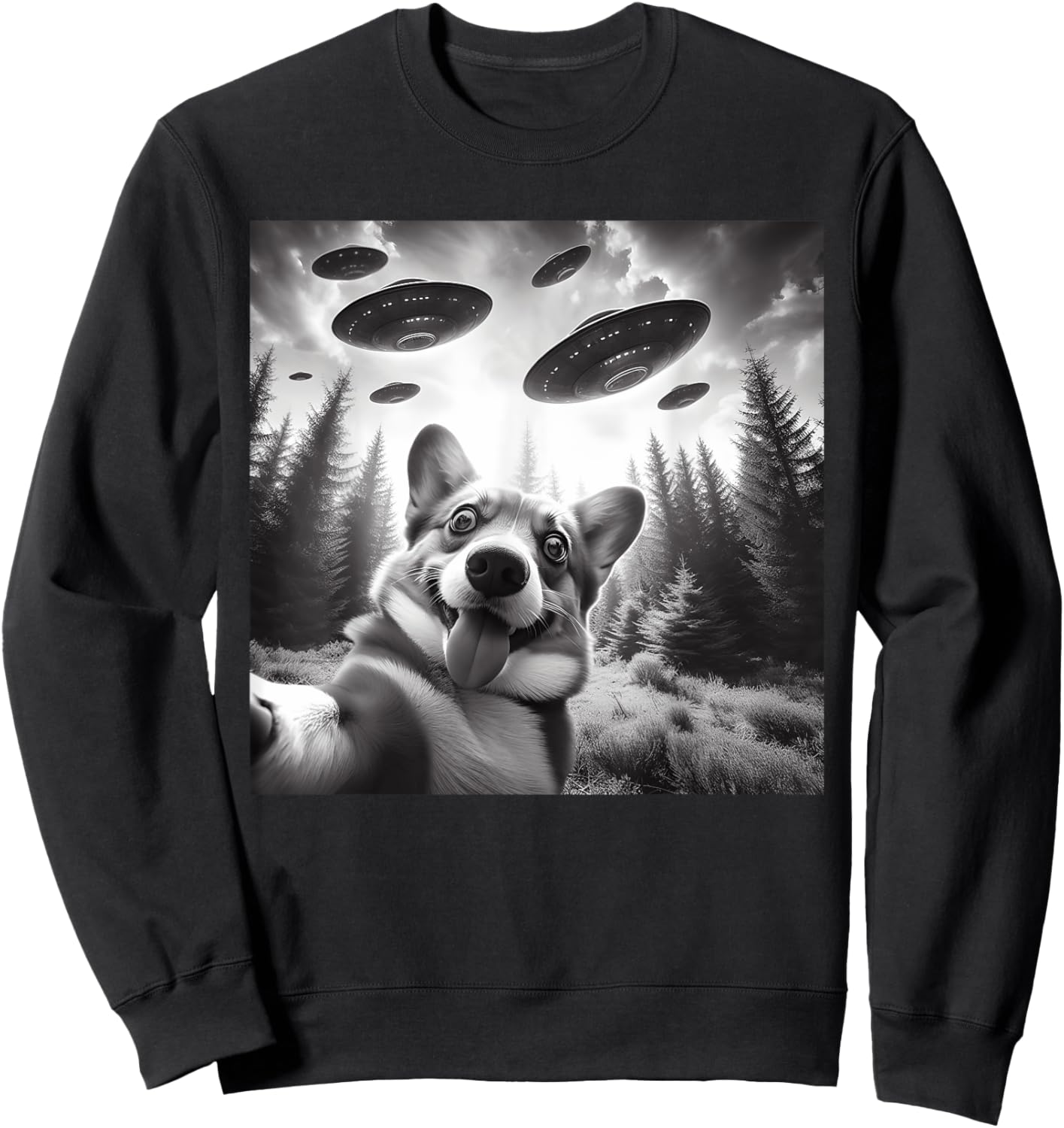 Corgi Dog Taking Selfie with UFOs Outer Space Alien Geeks Men Women Kids Sweatshirt - Sweatshirt | Black