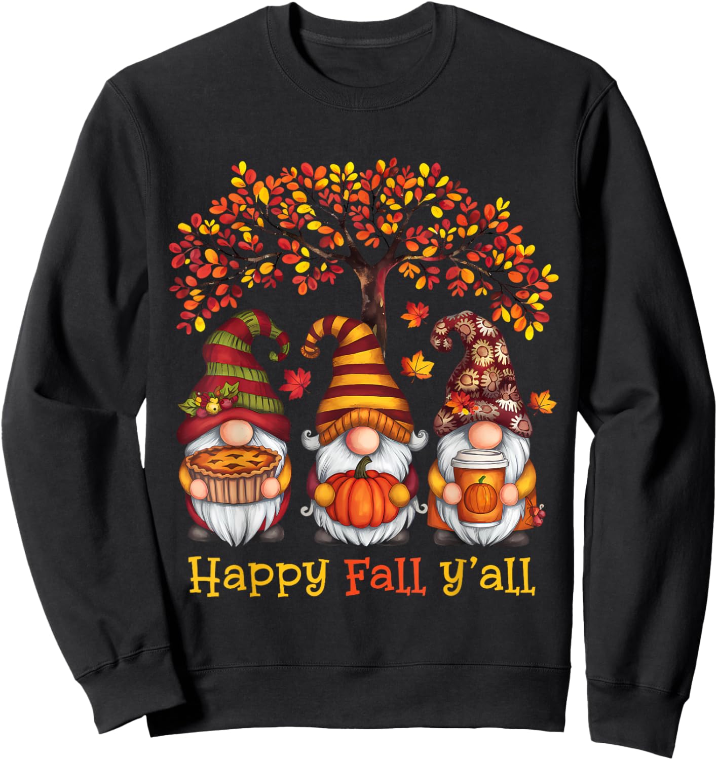 Happy Fall Autumn Leaves Pumpkin Garden Gnomes Sweatshirt - Sweatshirt | Black
