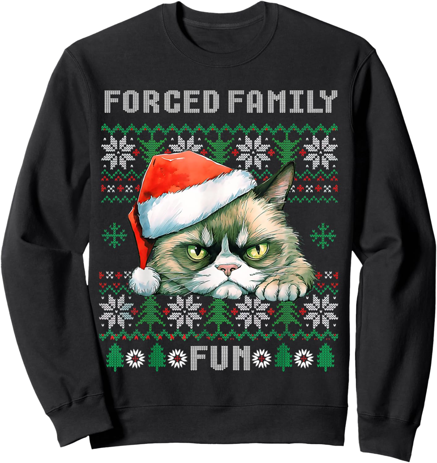 Forced Family Xmas Fun Funny Cat Lover Men Women Christmas Sweatshirt - Sweatshirt | Black