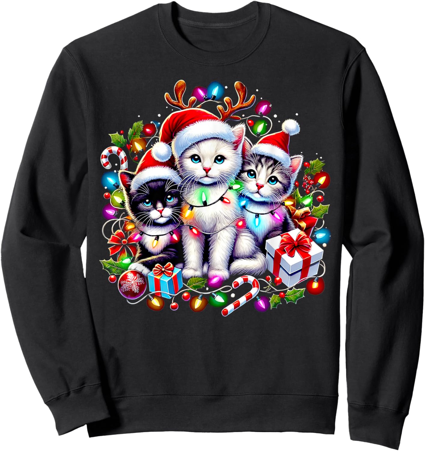 Cute Kittens Christmas Cheer Santa Hats Lights Cats Kittys Sweatshirt - Sweatshirt | Black