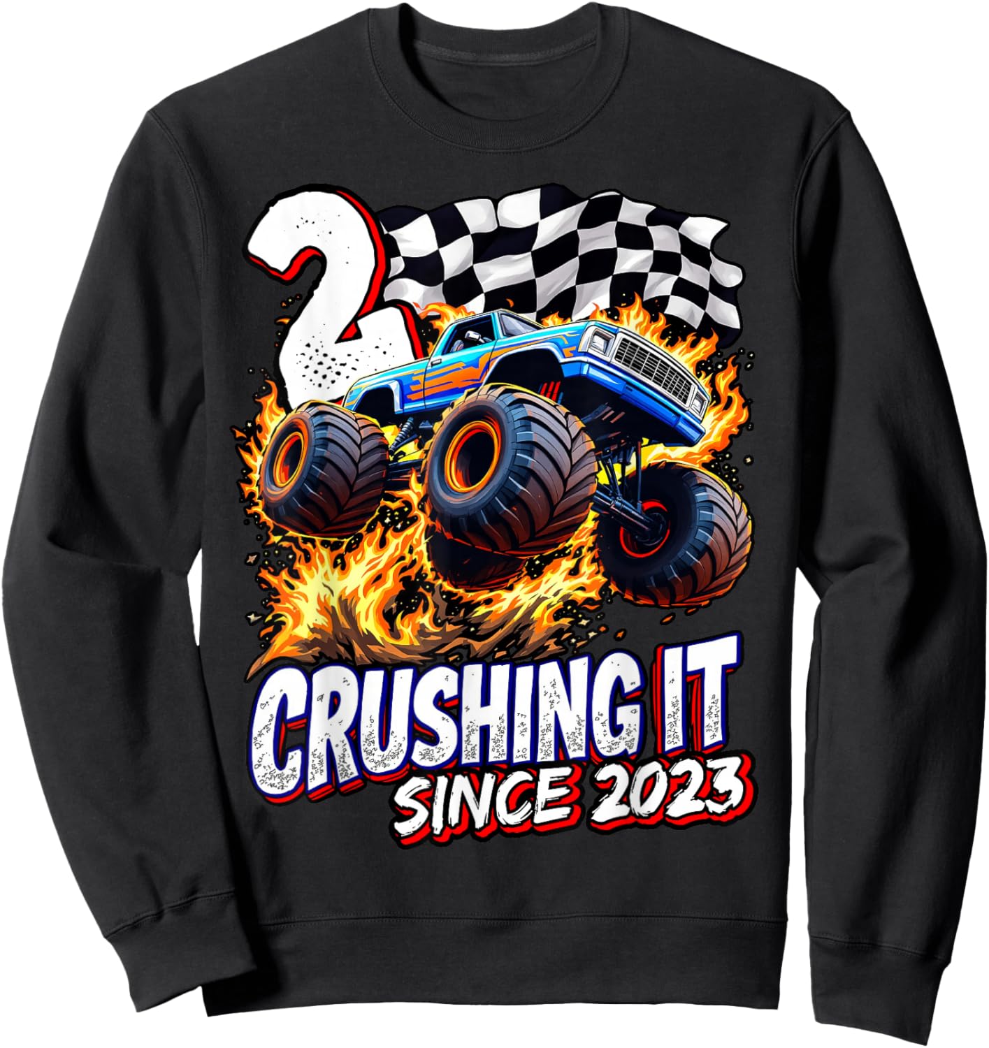 Birthday Monster Truck 2 Year Old Boys 2nd Party Born 2023 Sweatshirt - Sweatshirt | Black