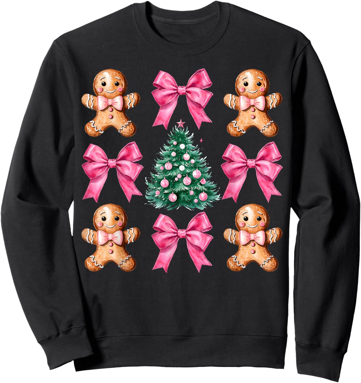 Cute Coquette Pink Bow Xmas Gingerbread Man Christmas Tree Sweatshirt - Sweatshirt | Black