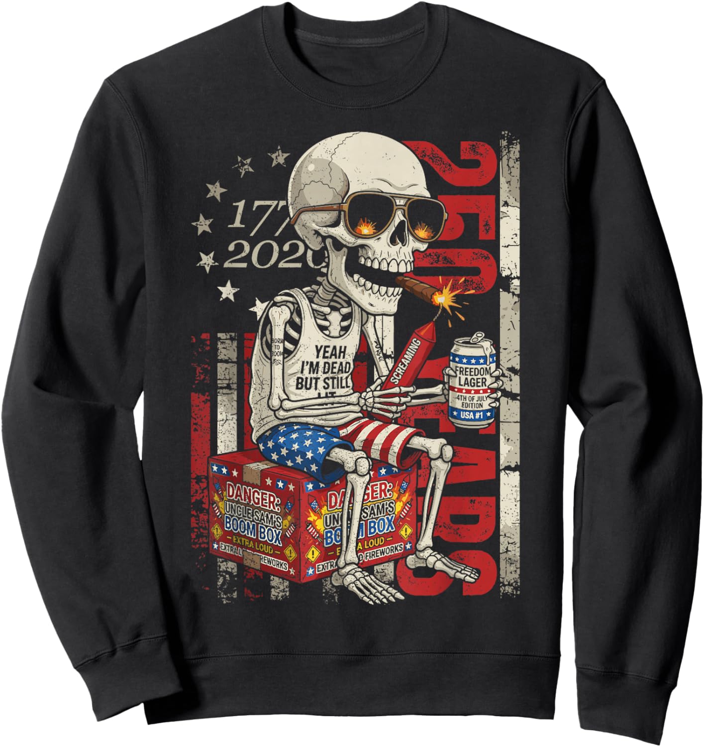 250 Years Funny Skeleton Fireworks American Flag 4th of July Sweatshirt - Sweatshirt | Black