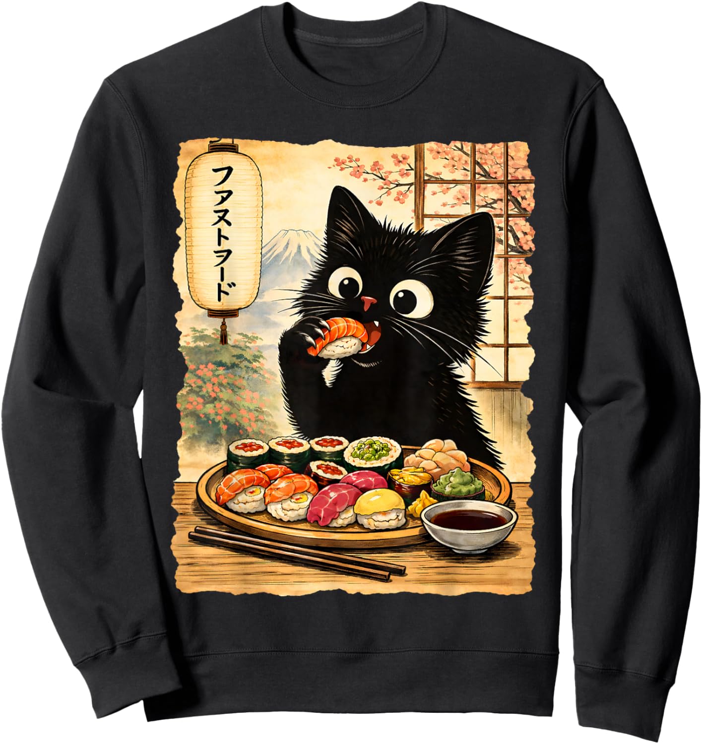 Schwarze süße Katze isst Sushi Kawaii Japanisches Essen Anime Katzen Sweatshirt - Sweatshirt | Black