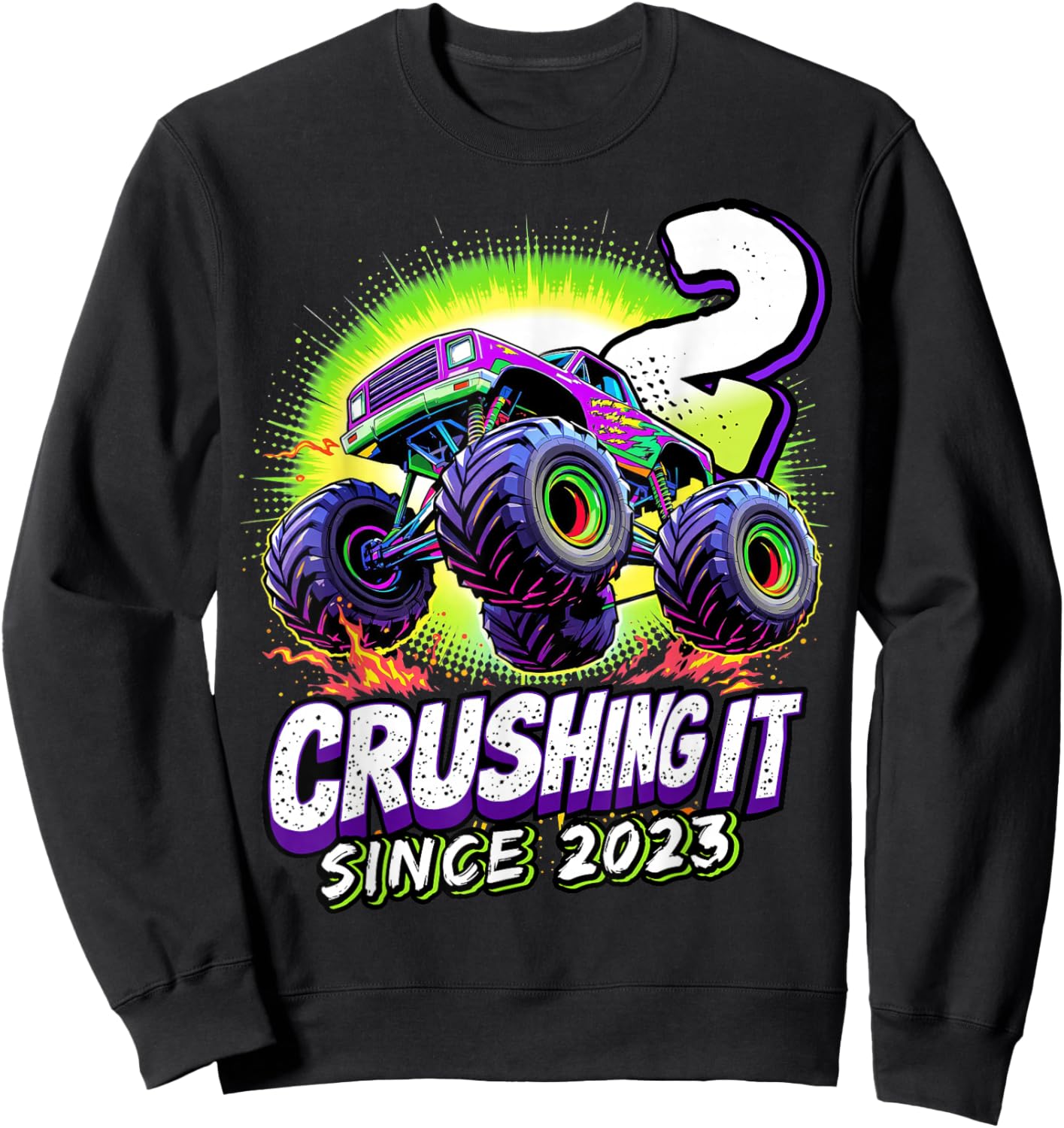Birthday Monster Truck 2 Year Old Boys 2nd Party Born 2023 Sweatshirt - Sweatshirt | Black