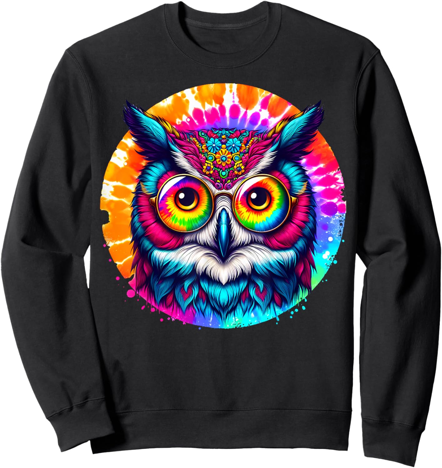 Cool Tie Dye Owl Sunglasses Bird Graphic Illustration Art Sweatshirt - Sweatshirt | Black