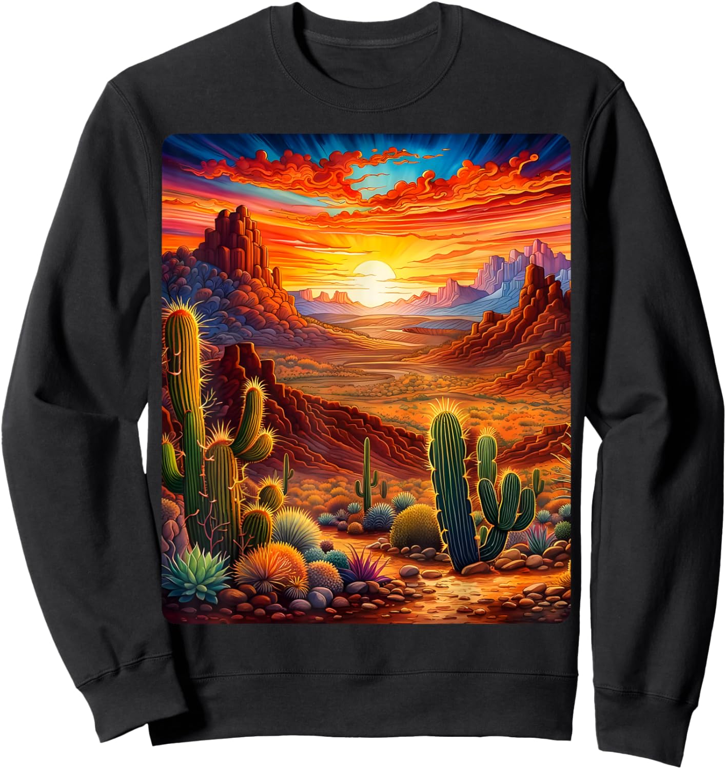 Valley Desert Sunset Sunrise Cactus Mountains Nature Clouds Sweatshirt - Sweatshirt | Black