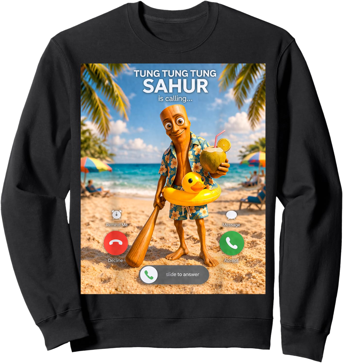 Summer Vacation Brainrot Meme Tung Tung Tung Sahur Boys Kids Sweatshirt - Sweatshirt | Black