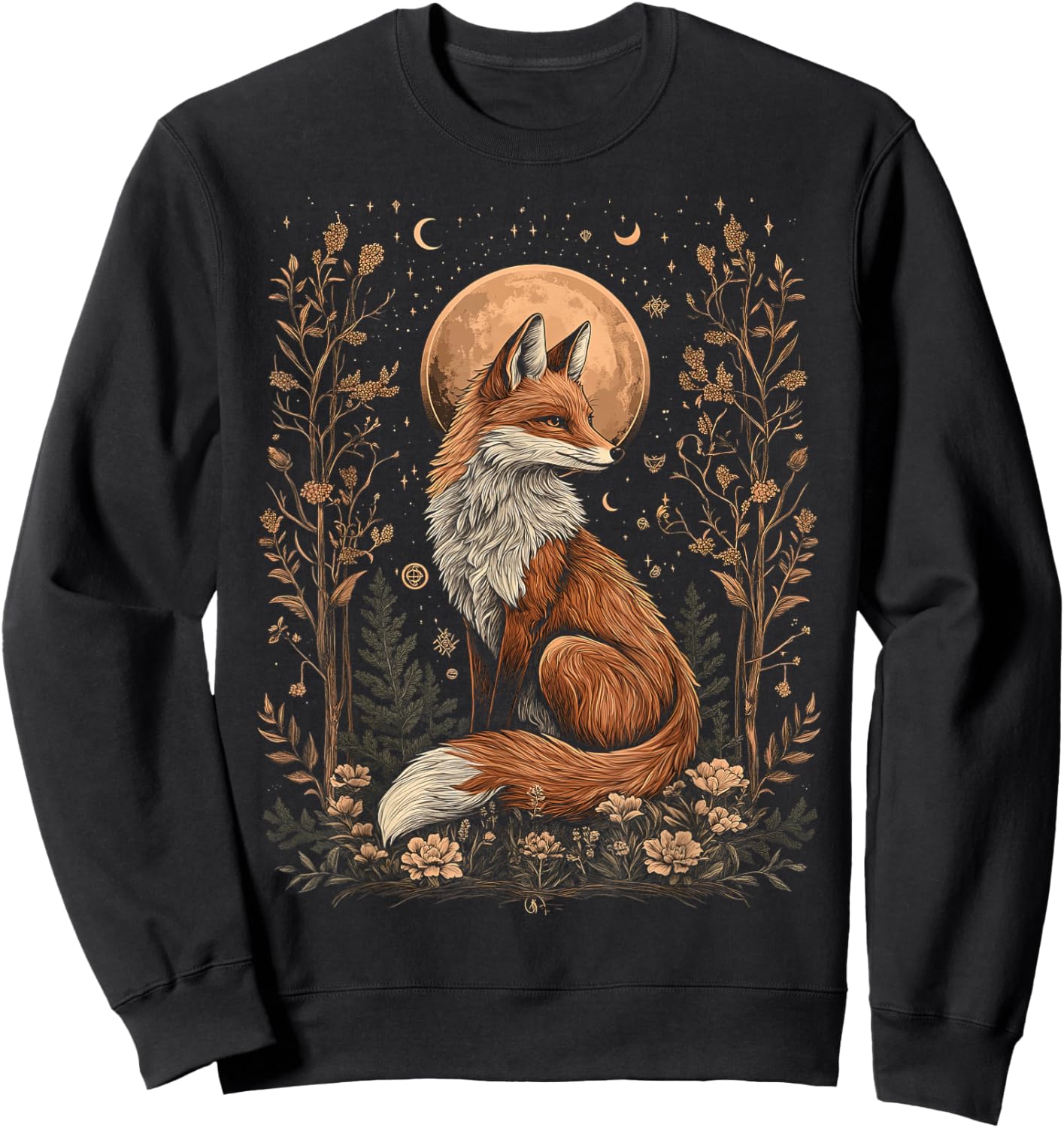 Mystic Moon and Moonphase Fox Mystical Flowers Aesthetic Sweatshirt - Sweatshirt | Black