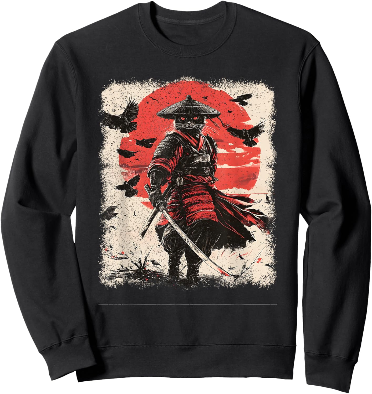 Samurai Cat, Vintage Japanese Warrior Art | Anime & Samurai Sweatshirt - Sweatshirt | Black