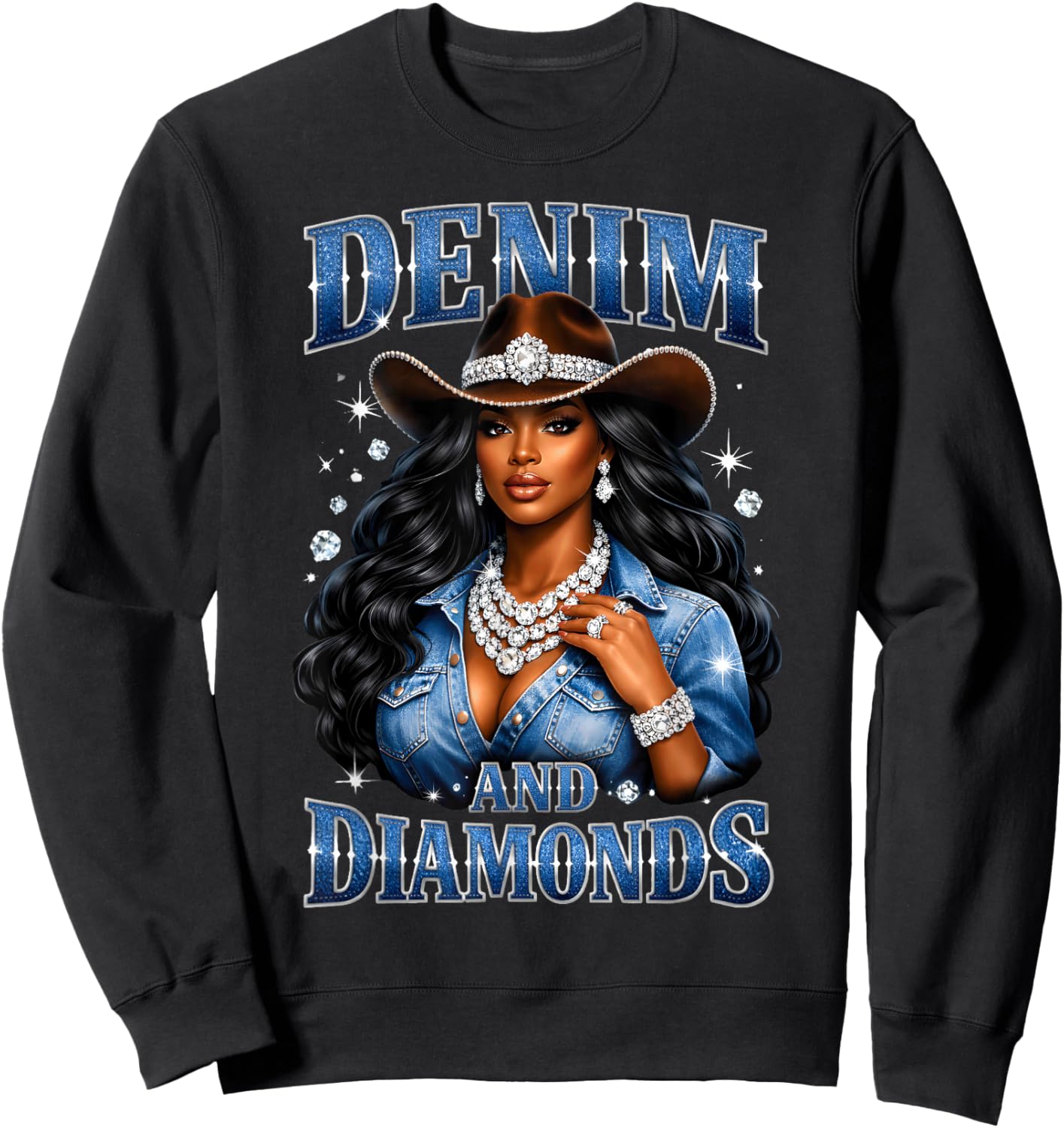 Denim and Diamonds African Melanin Cowgirls Western Sweatshirt - Sweatshirt | Black