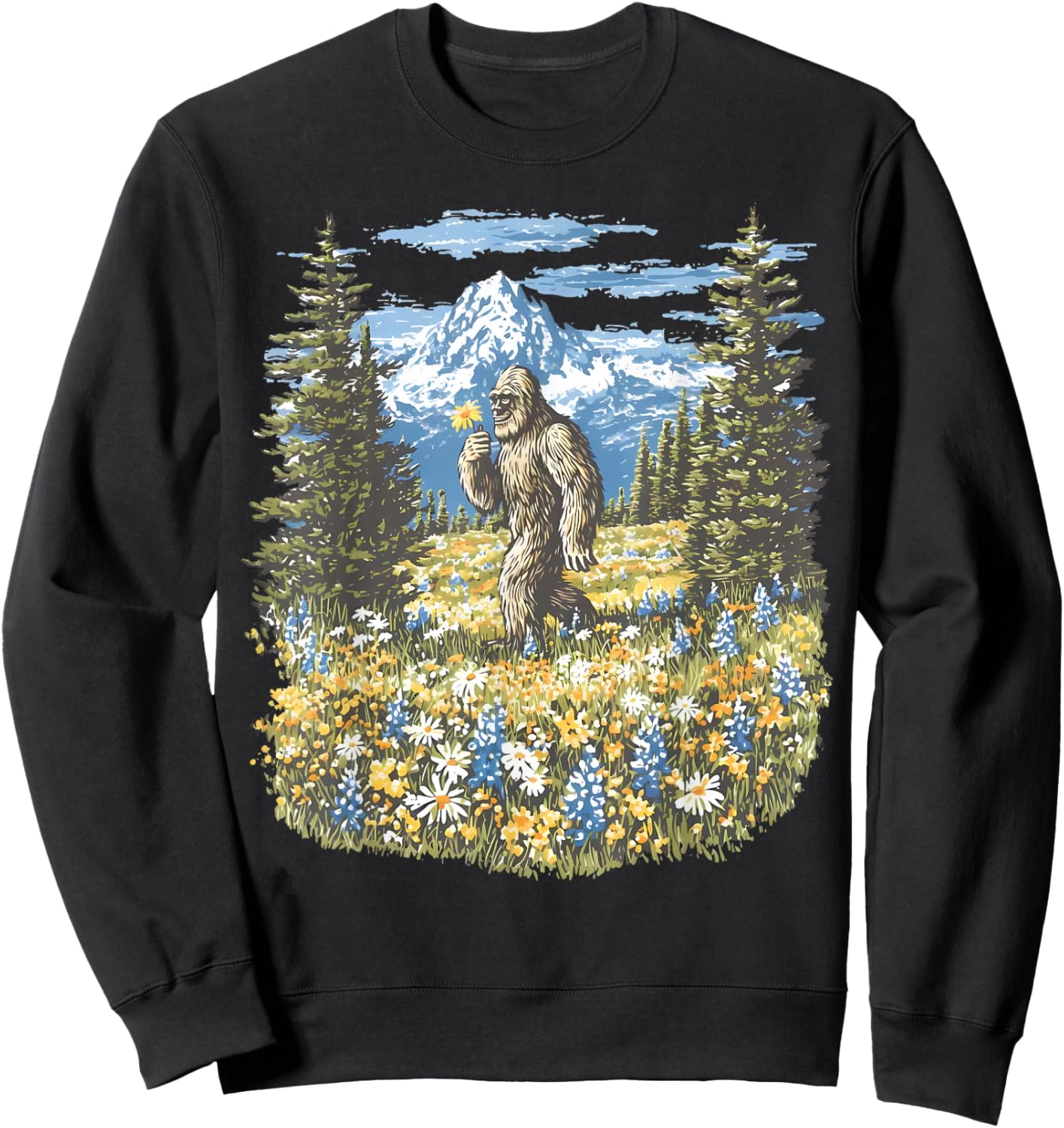Bigfoot in Flower Field Mountain Hiking Nature Sasquatch Sweatshirt - Sweatshirt | Black