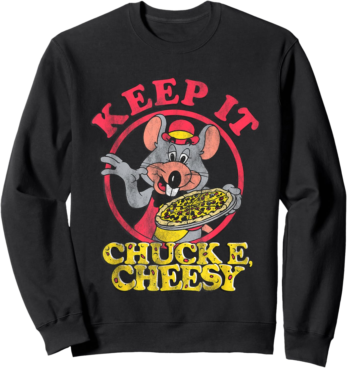 Chuck E. Cheese Keep It Cheesy Distressed Big Chest Logo Sweatshirt - Sweatshirt | Black