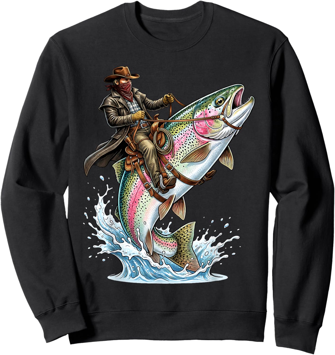 Vintage Cowboy Riding Trout Western Fishing Retro Sweatshirt - Sweatshirt | Black