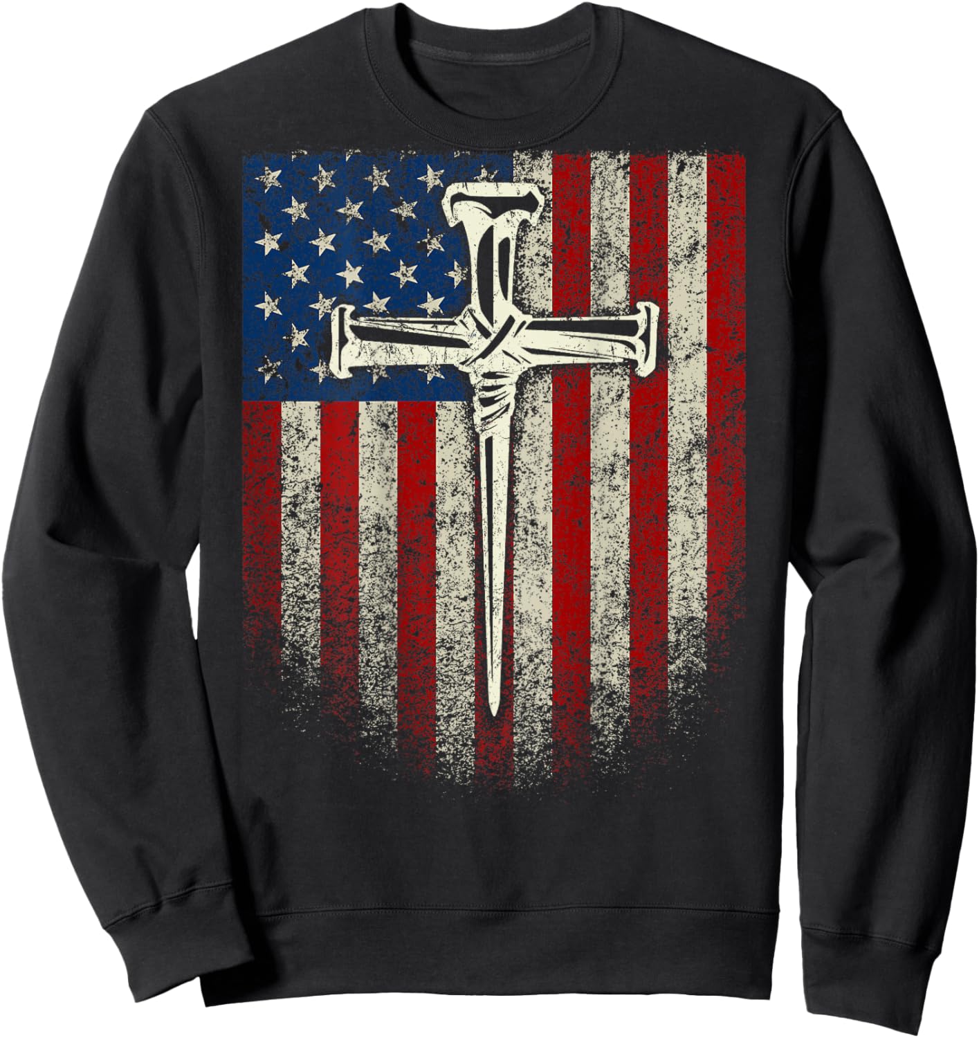(Art on Back) American US Flag Cross Christian Sweatshirt - Sweatshirt | Black