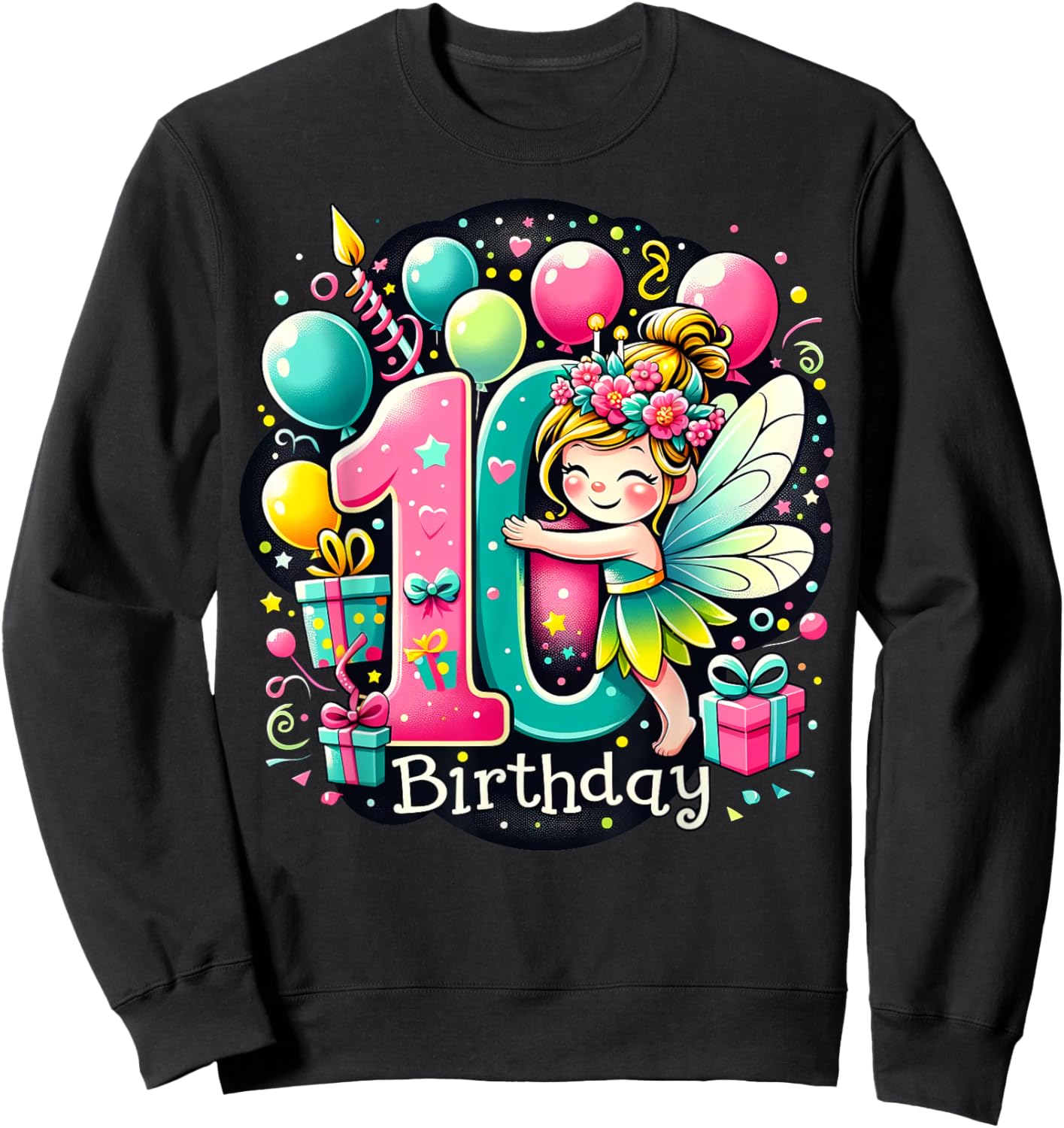 Kids Fairy Theme tenth Bday Party 10th Fairy Birthday Sweatshirt - Sweatshirt | Black